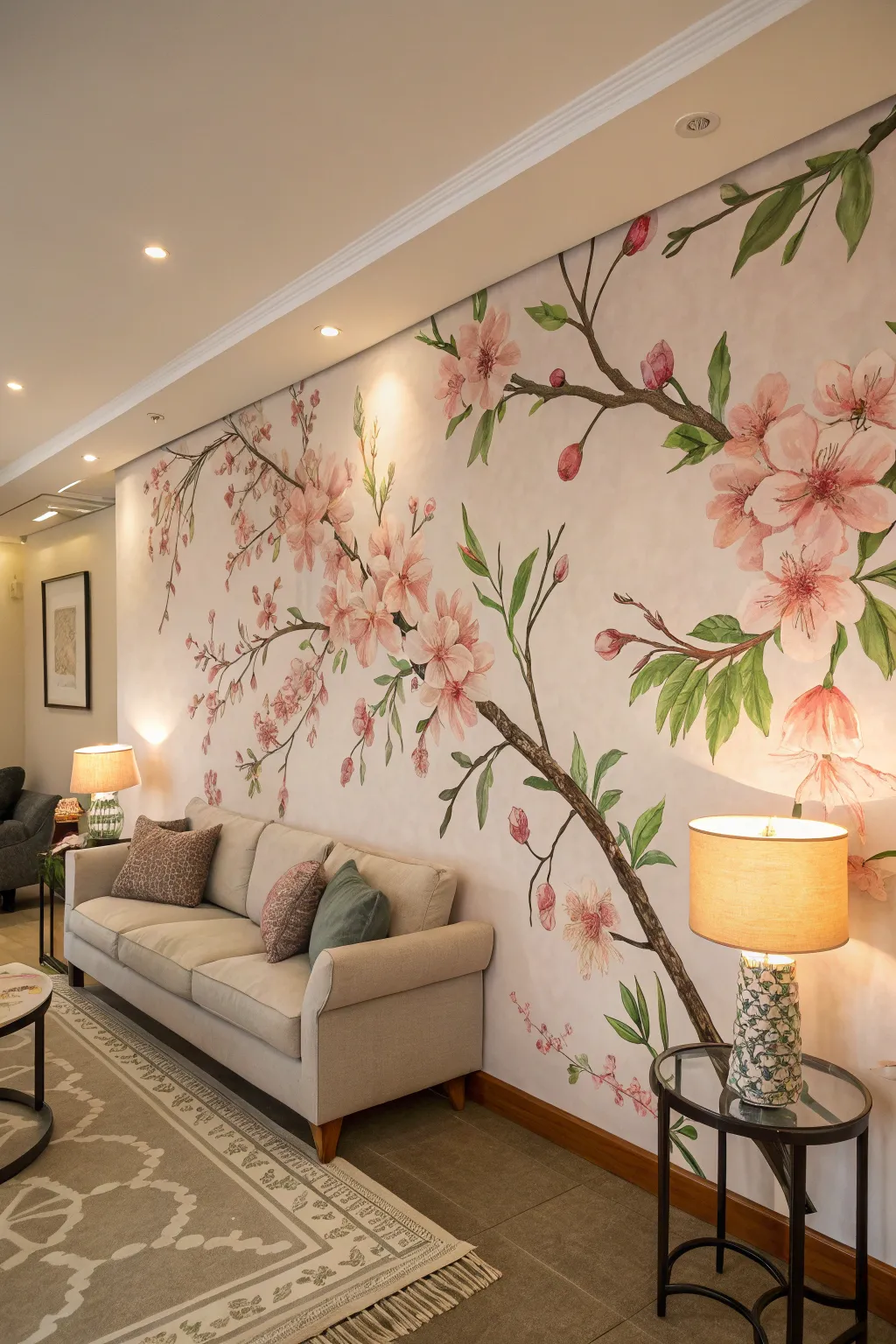 A peach blossom mural adds gentle elegance to any room.