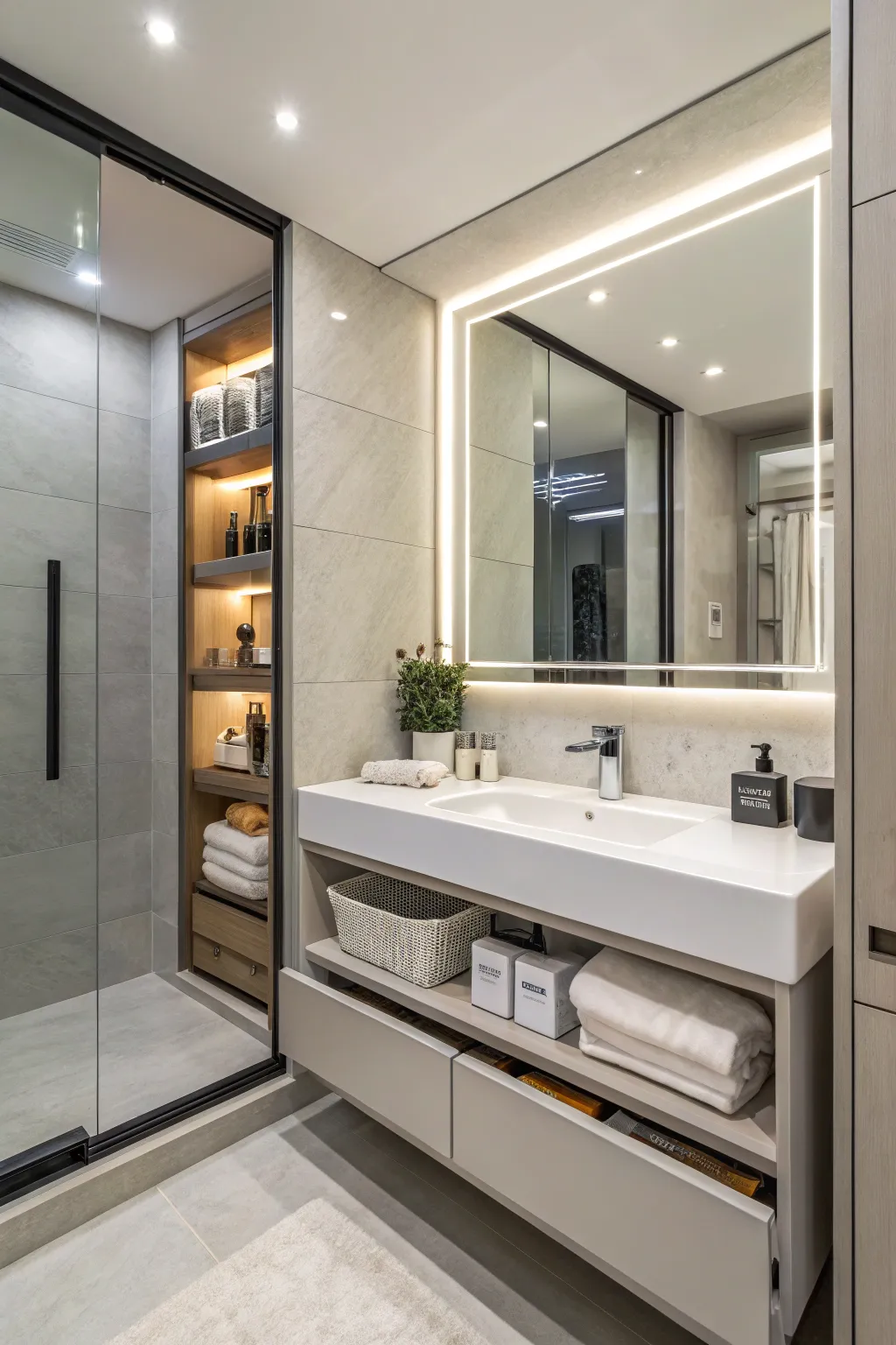 Hidden storage in mirrors maintains a sleek, clutter-free bathroom appearance.