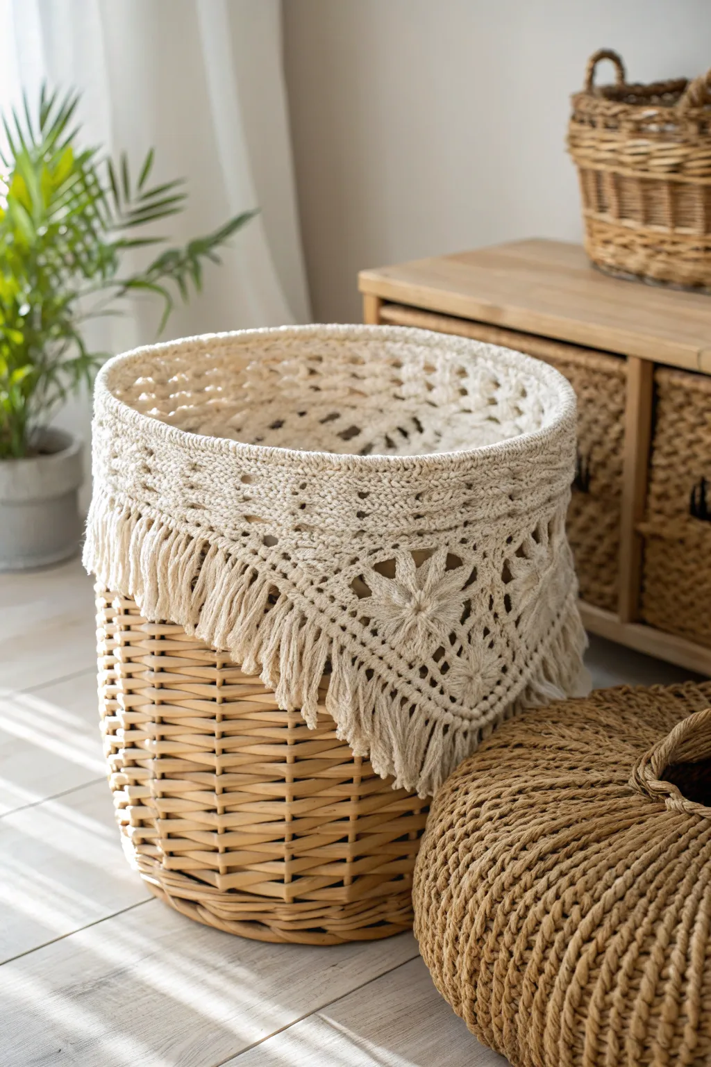 Transform your storage with a touch of handmade elegance. 🌿✨ #RusticCrochet #BohoCharm