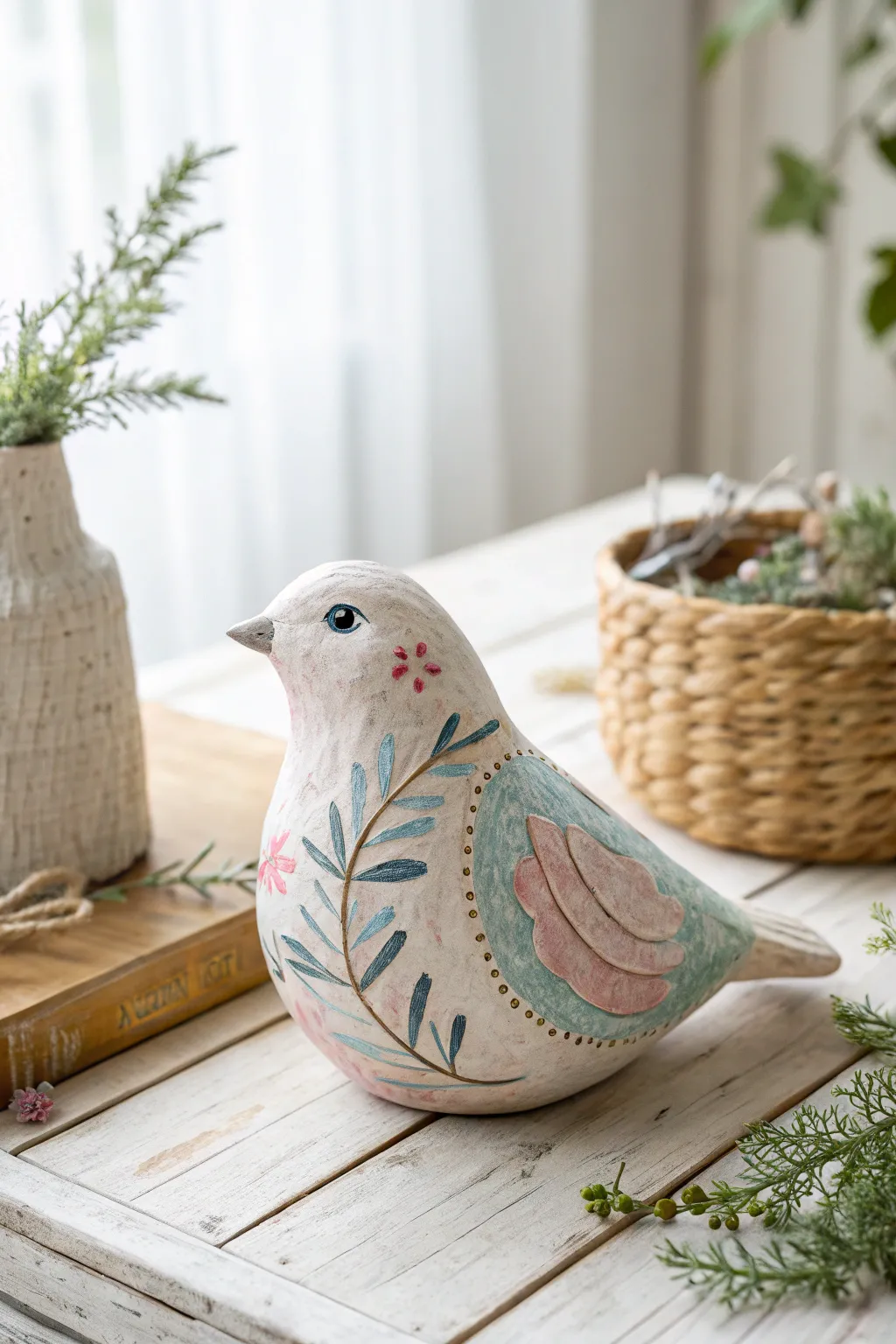 Discover the joy of creativity with this charming paper mâché bird sculpture, a perfect blend of whimsy and craftsmanship.