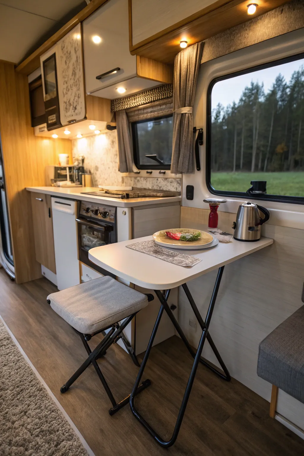 Flexible dining with a foldable wall table.