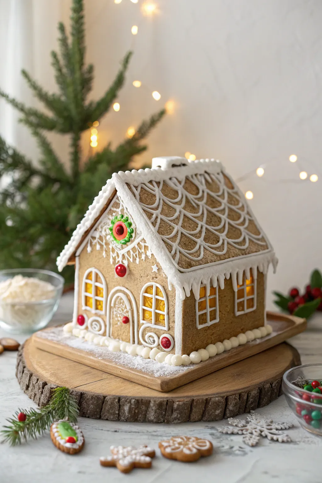 A touch of magic: This gingerbread house with stained glass windows transforms light into a festive spectacle.