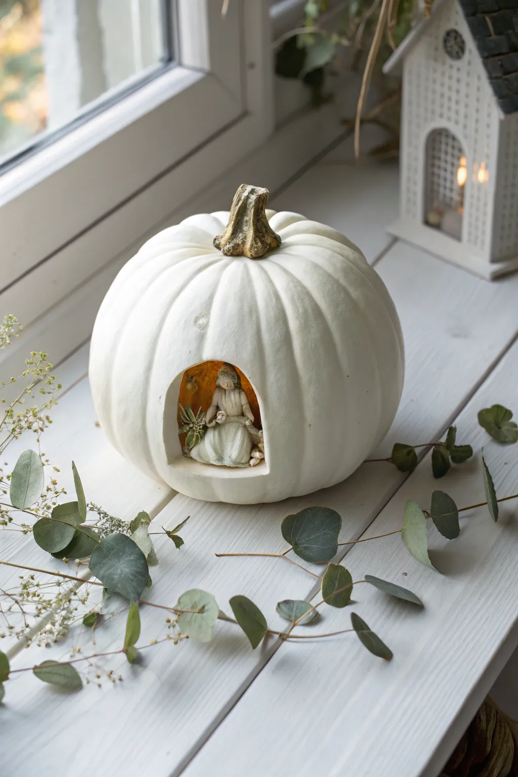 A whimsical peek-a-boo surprise hidden within a minimalist pumpkin carving.