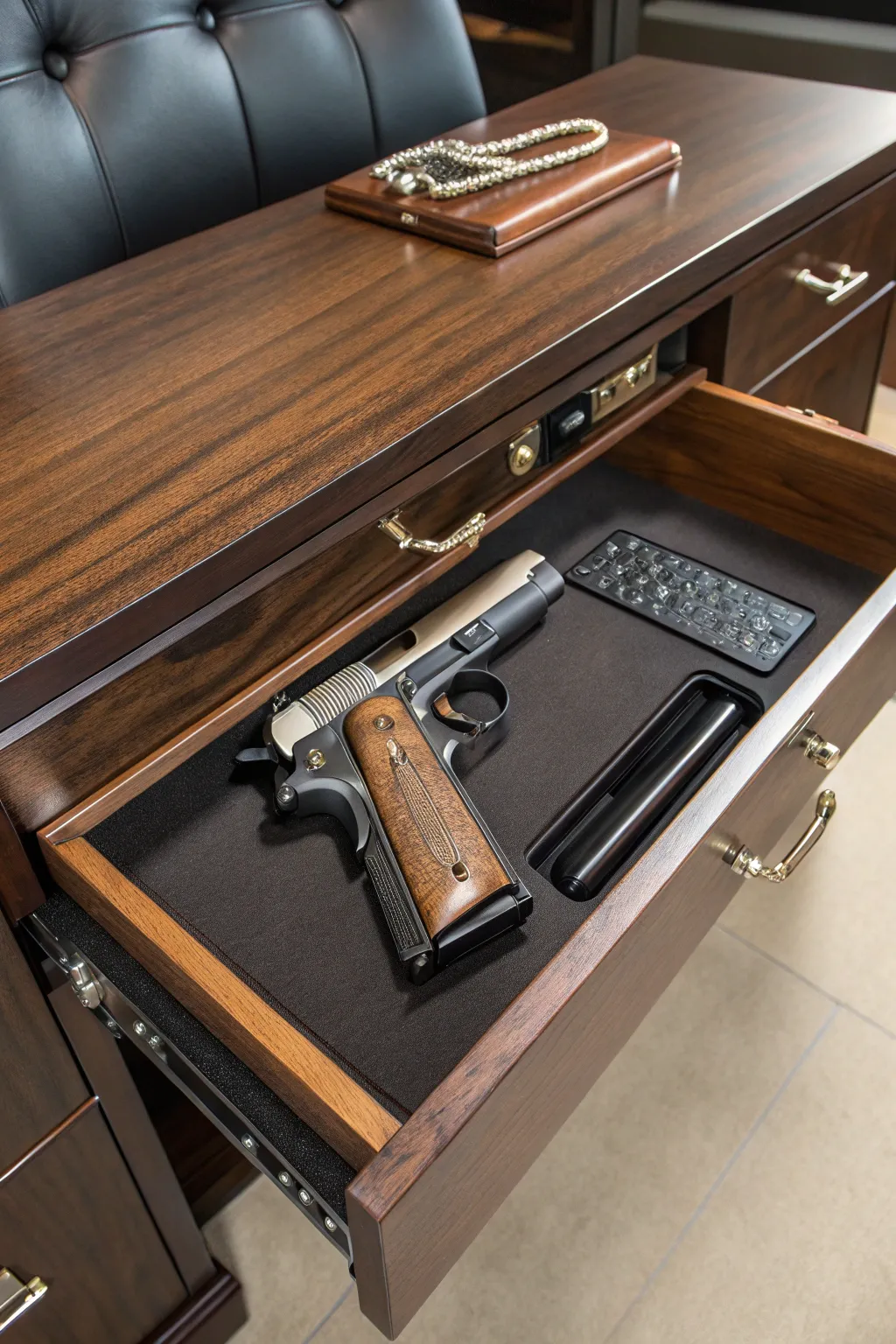 Discreet Elegance: Elevate your home office with this masterfully crafted under-desk gun shelf.