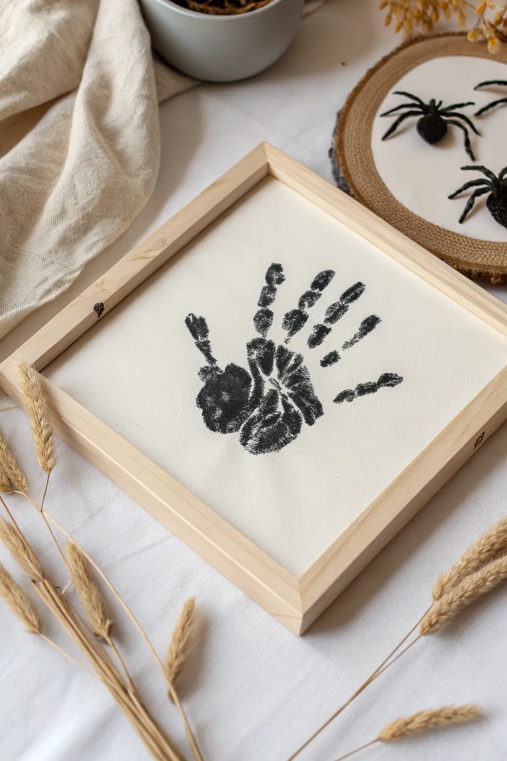 Capture Halloween magic with a touch of Scandinavian elegance: a baby's handprint turned spooky spider.