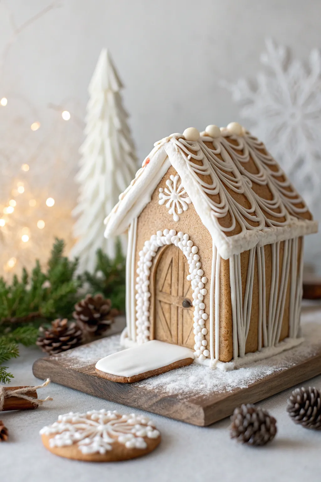 Unwrap the charm of Halloween with a mummified doorway gingerbread house, where minimalist design meets playful craftsmanship.