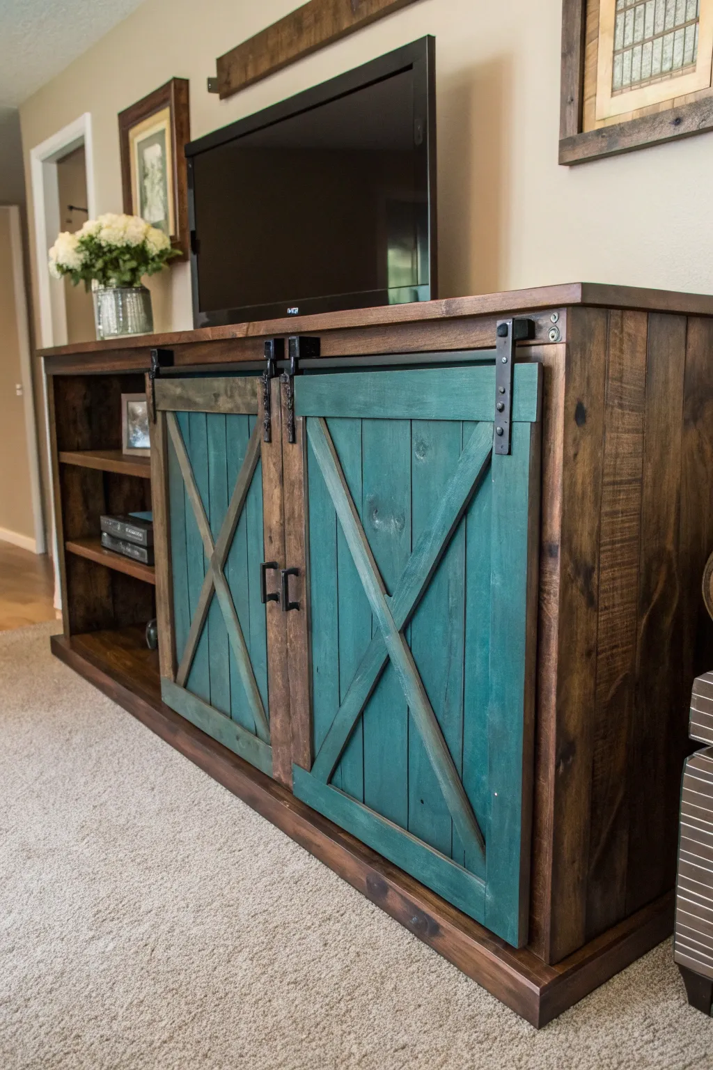 Elevate your living space with this handcrafted sliding barn door TV stand, where rustic charm meets modern functionality.