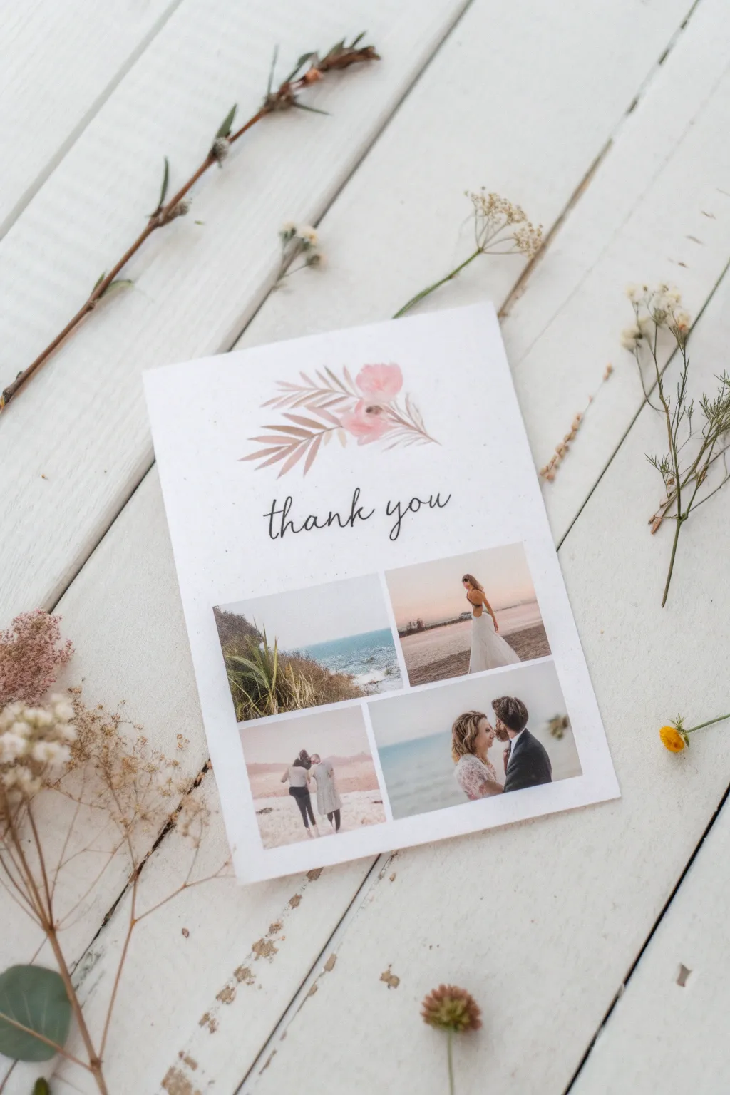 Craft a heartfelt thank you with a personalized collage card, embodying simplicity and natural beauty.