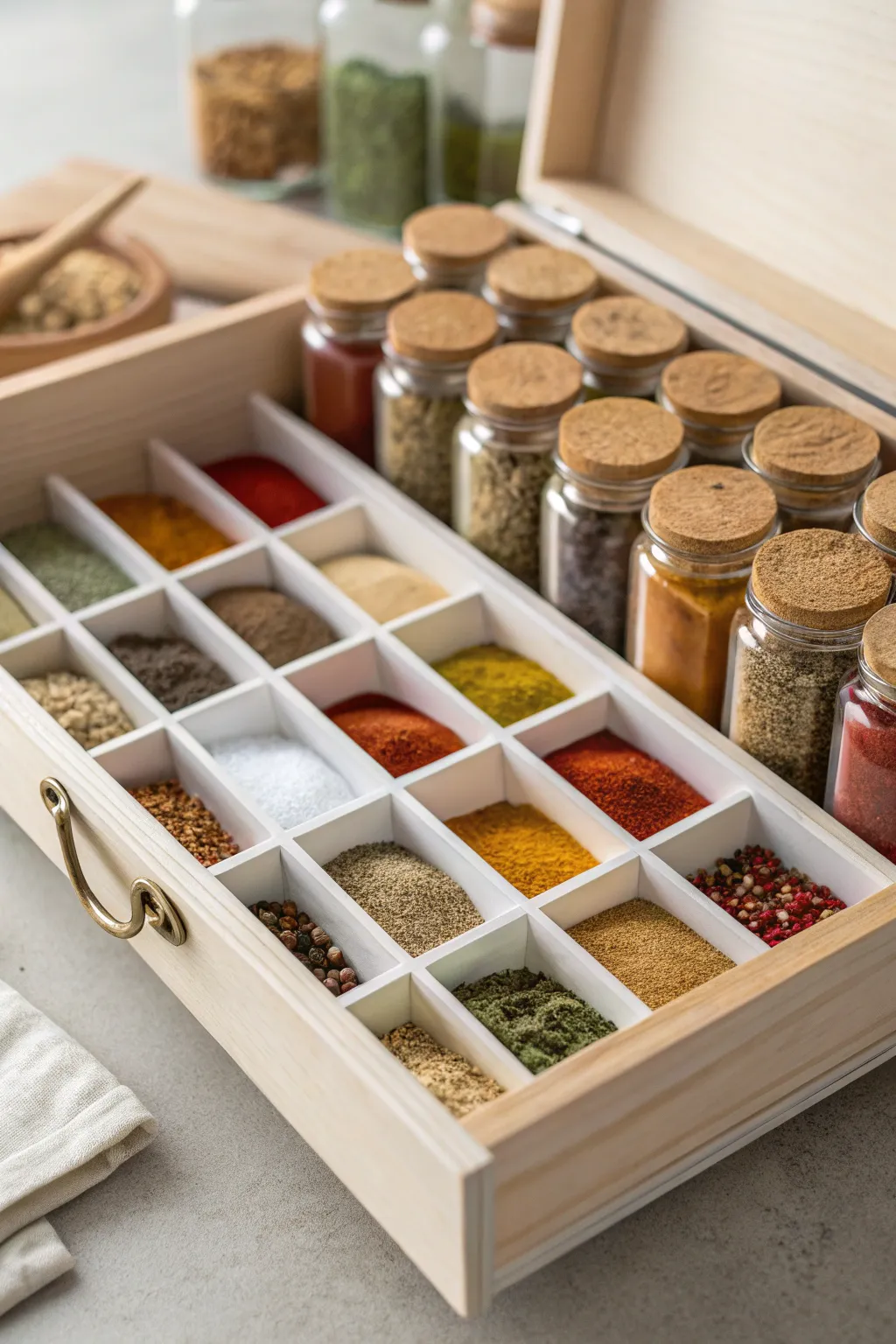 Transform your kitchen with tailored spice drawer liners for a touch of minimalist elegance.