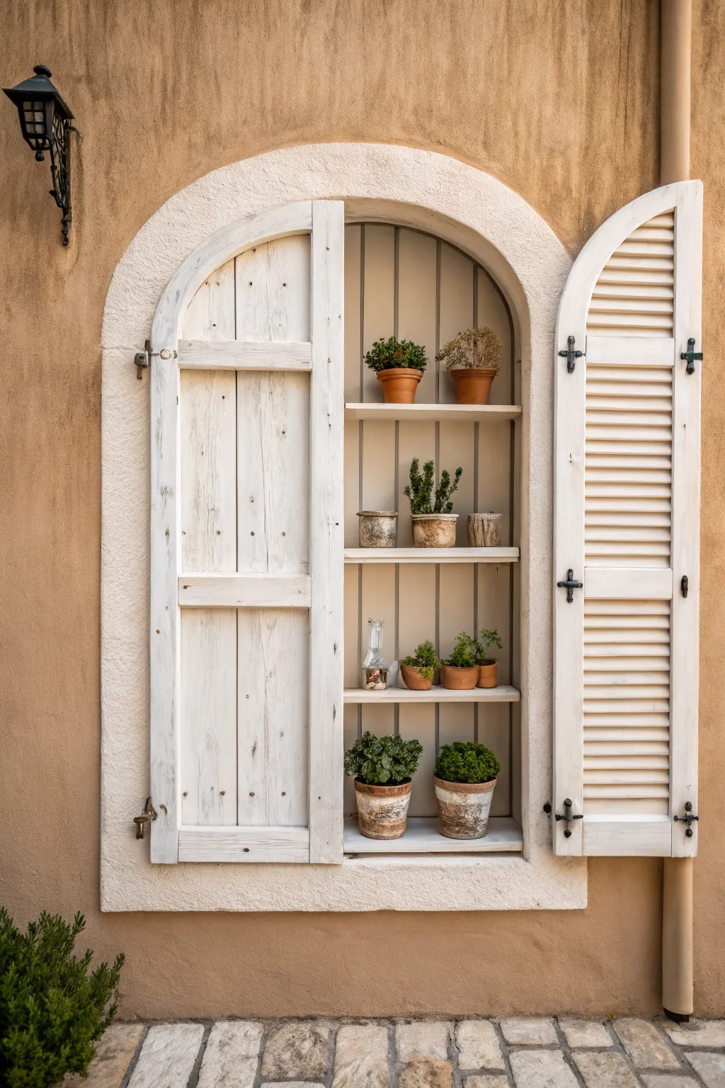 Elevate your space with these stunningly simple, boho-chic shutters that double as charming display shelves.
