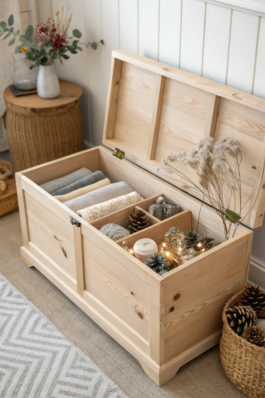 Organize your festive treasures in style with a minimalist hope chest that blends Scandinavian simplicity with boho charm.