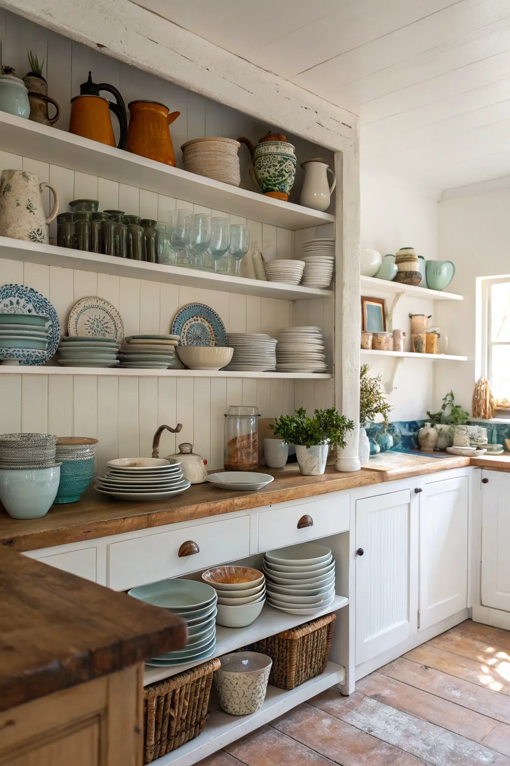 Open shelving combines style and functionality in kitchens.