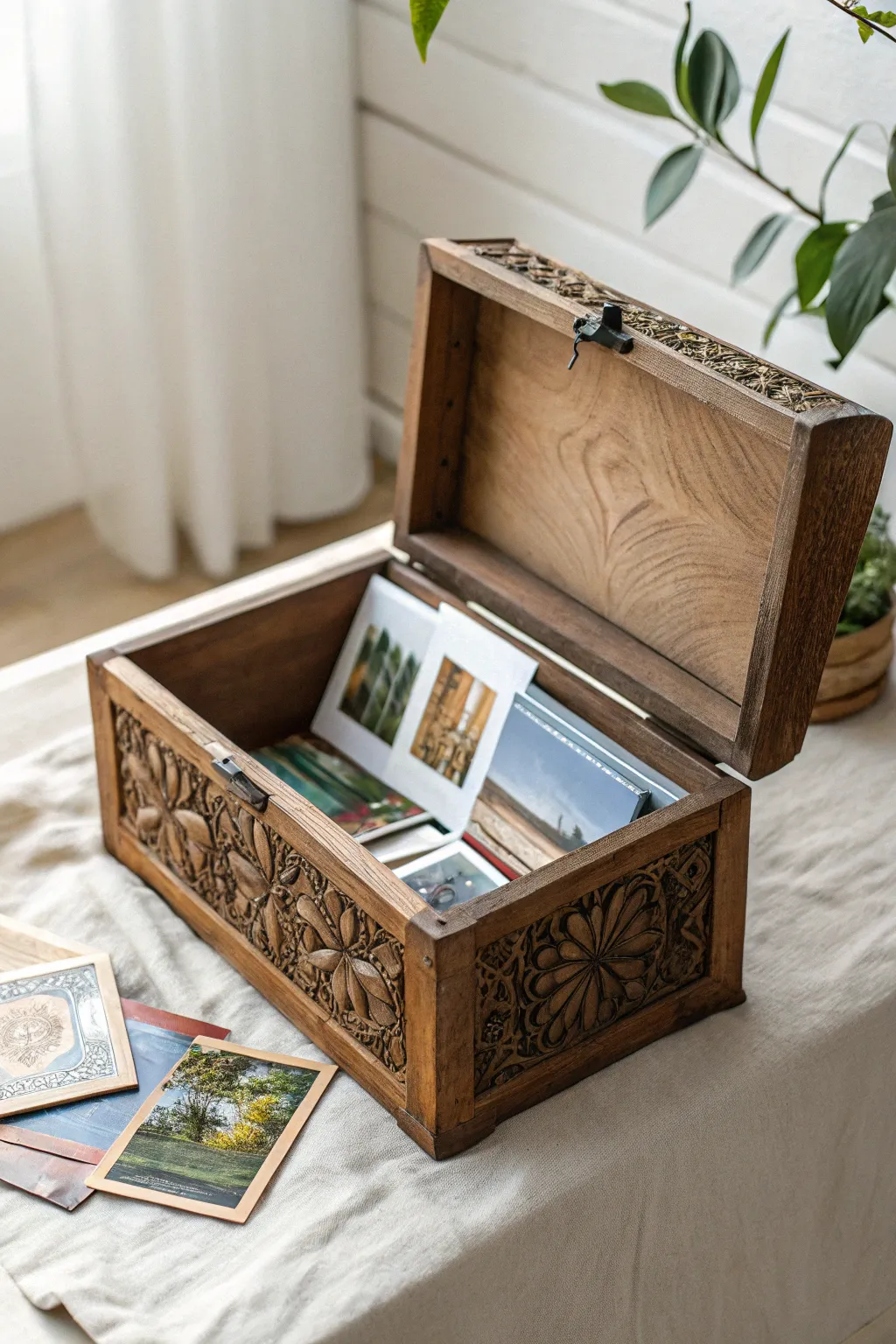 Nostalgic charm meets minimalist elegance in an open vintage box display.