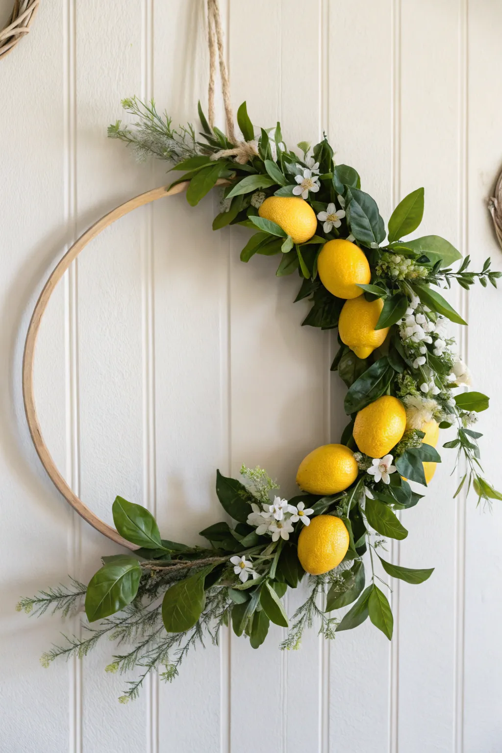 Brighten your porch with this stunning hula hoop lemon wreath, blending minimalist charm with boho flair.