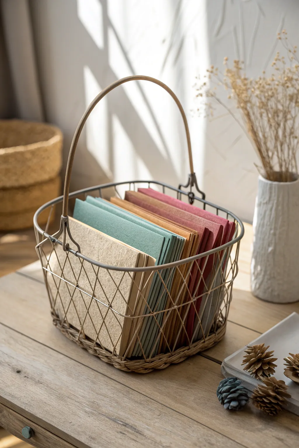 Elevate your craft room with the timeless charm of wire baskets—perfect for organizing your colorful papers with a touch of rustic elegance.