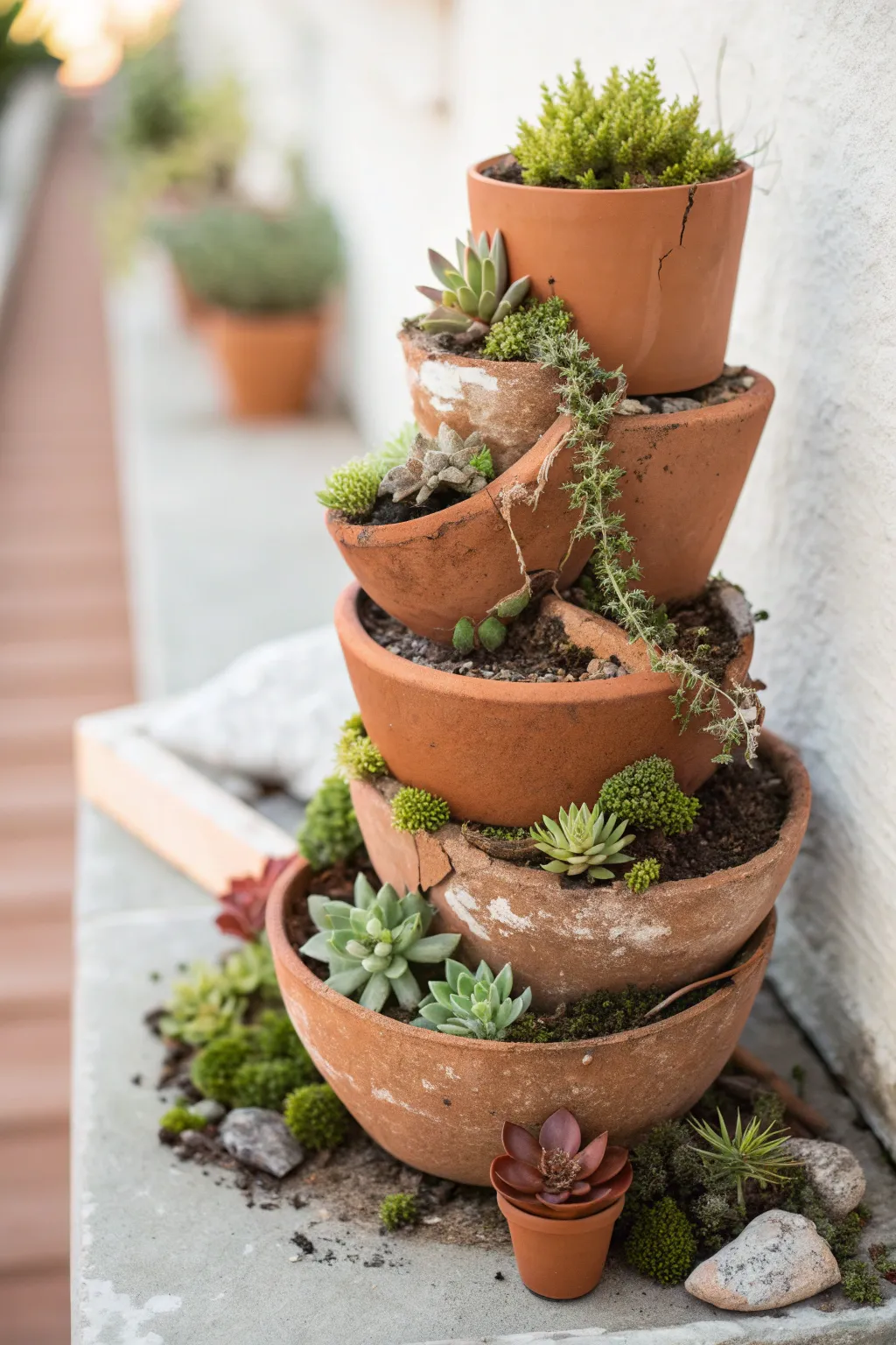 Transform broken clay pots into charming miniature garden walls for your succulents. Embrace the art of repurposing with a touch of Scandinavian elegance.