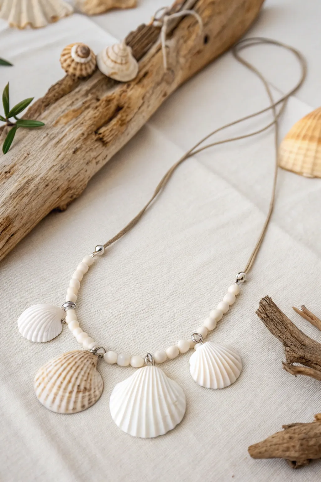 Embrace the serene beauty of the seaside with this handcrafted shell and driftwood necklace.