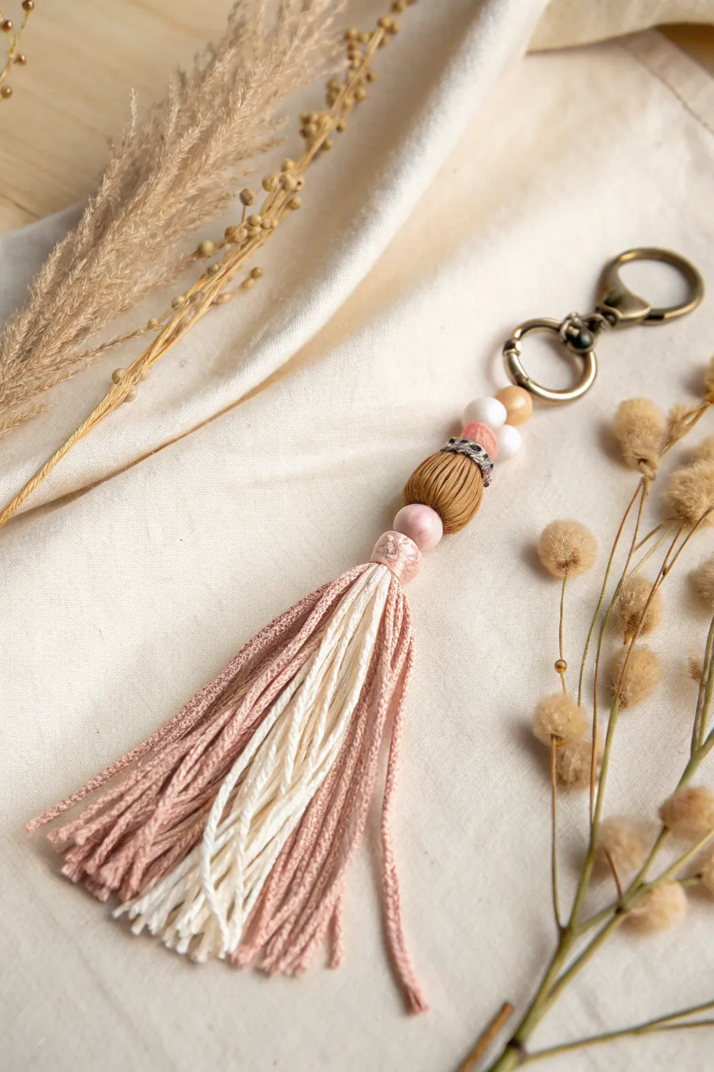Whimsical Elegance: Discover the beauty in simplicity with handcrafted fabric and bead tassel keychains.