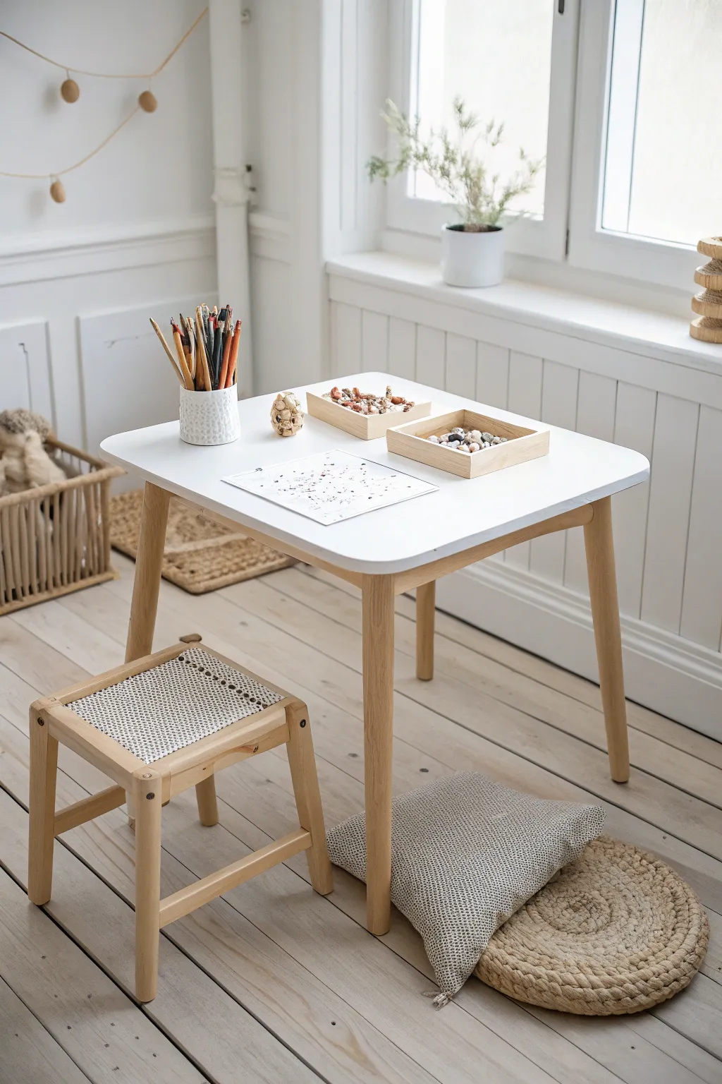 Discover tranquility and creativity in this minimalist kids' craft table setup. #ScandinavianDesign #MinimalistCrafting
