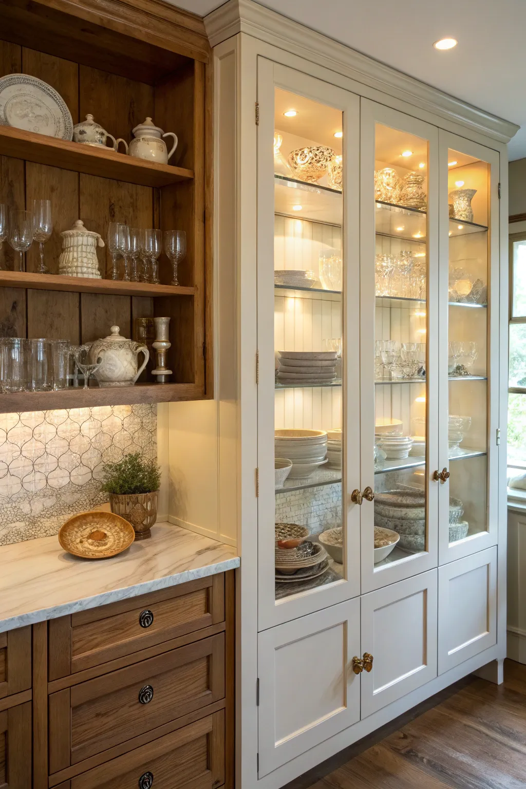 Glass front cabinets bring elegance and openness to this kitchen alcove.
