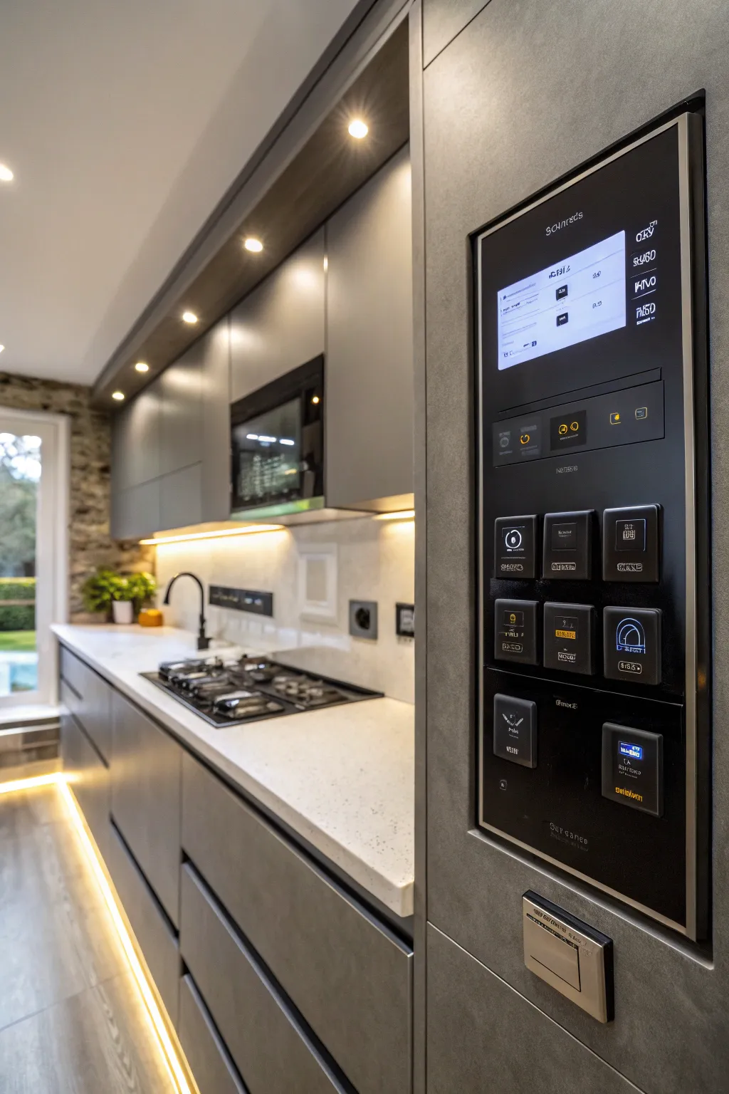 A bulkhead with smart technology, featuring integrated lighting controls in the kitchen.