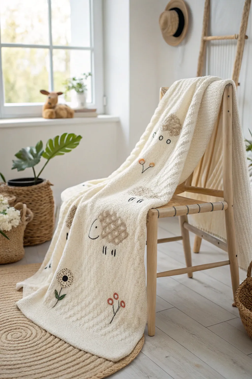 Wrap yourself in whimsy with this sheep-motif knit blanket—where coziness meets playful elegance.