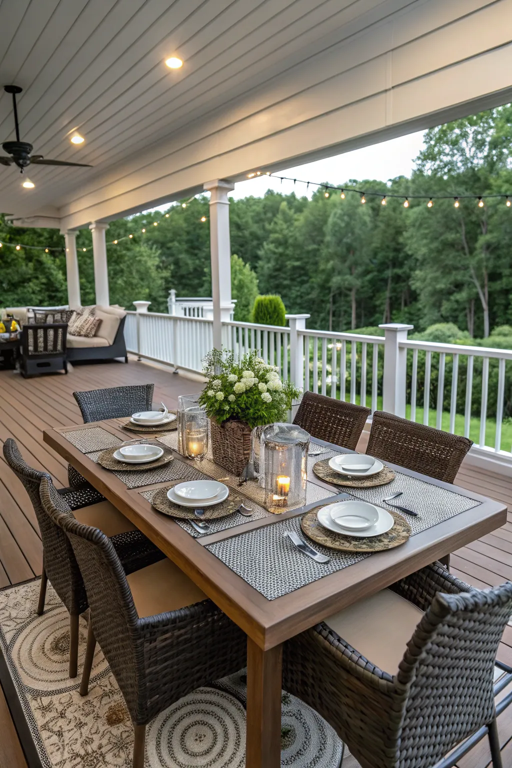 An elegant outdoor dining setup on a spacious deck.