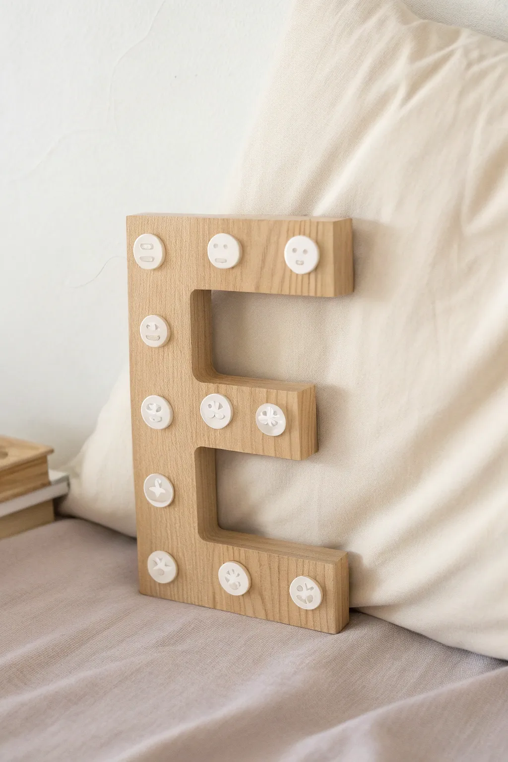 Crafting emotions: Explore creativity with charming emoji faces on a minimalist wooden letter E.