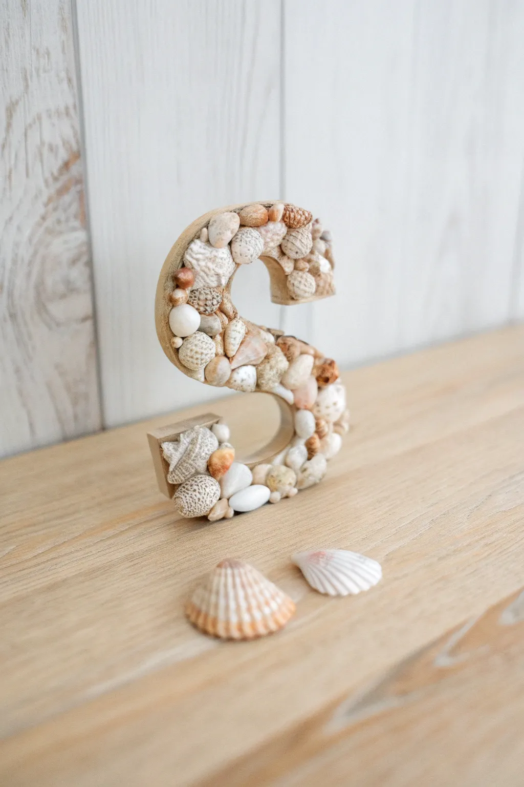 Bring the ocean home with this charming shell-covered letter S, perfect for adding a touch of coastal elegance to your space.