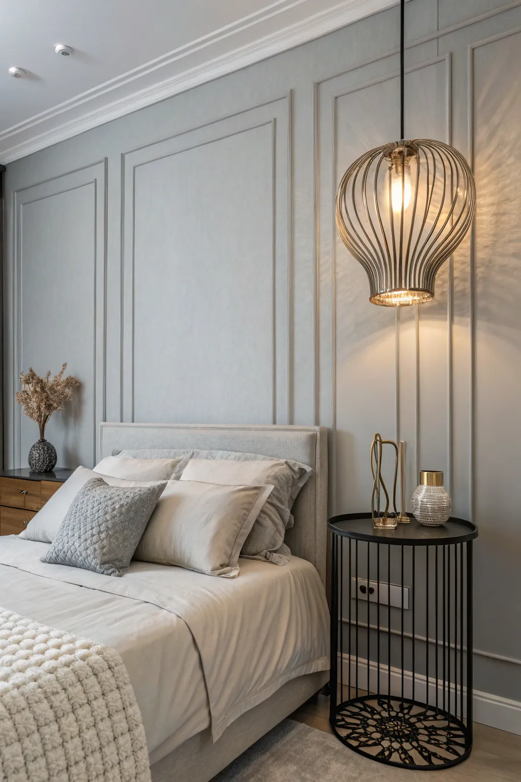 Sculptural lighting adds an artistic touch to your serene gray oasis. ✨ #SculpturalLighting #ArtisticHomes #DesignElegance