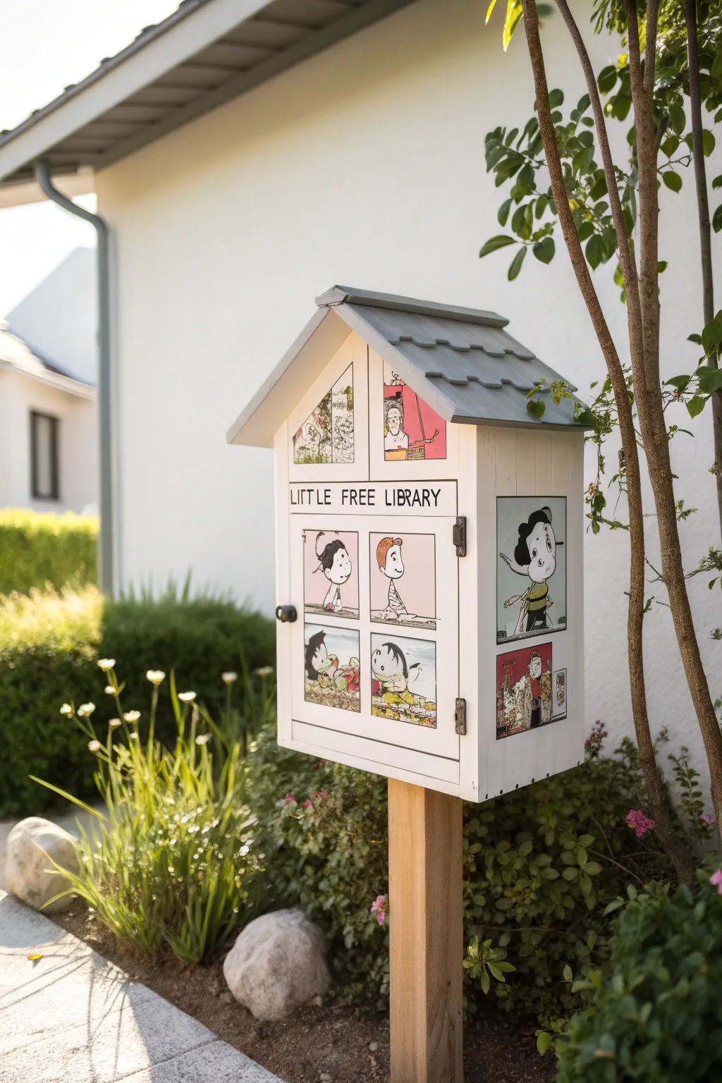 Turn your Little Free Library into a nostalgic treasure trove with retro comic strip art that delights all ages.