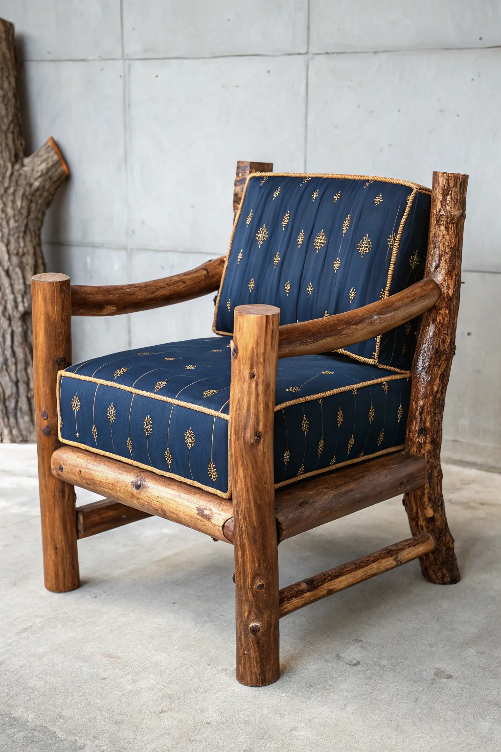 Discover the Fusion of Nature and Comfort: The Perfect Log and Fabric Chair.