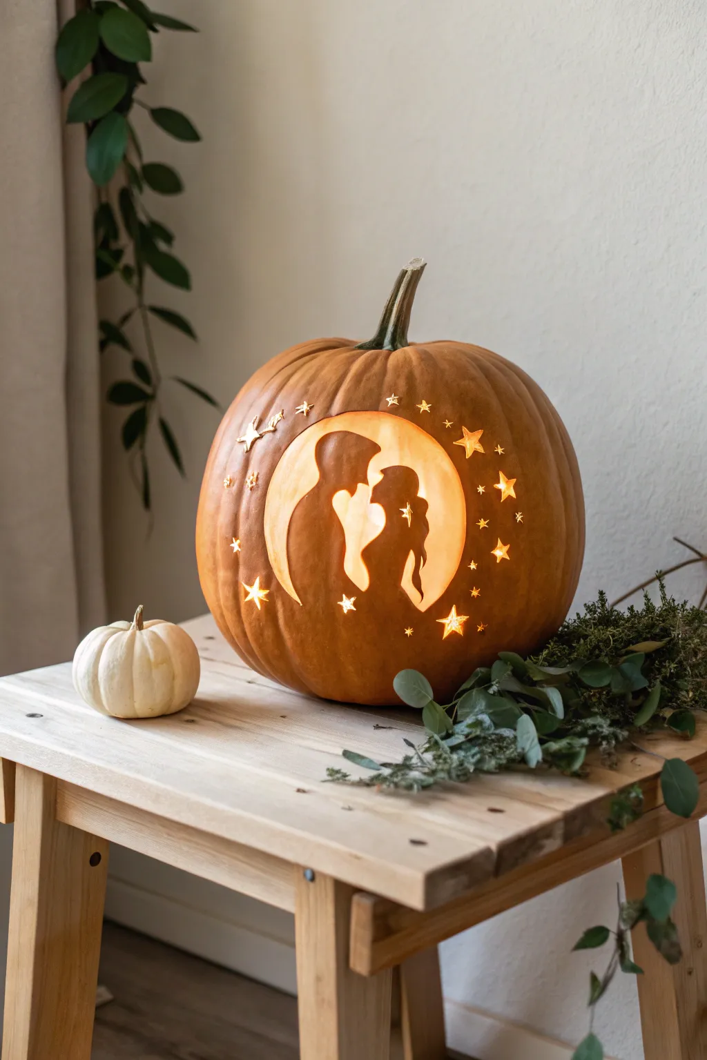 Capture love's glow with a romantic moonlit kiss pumpkin carving.