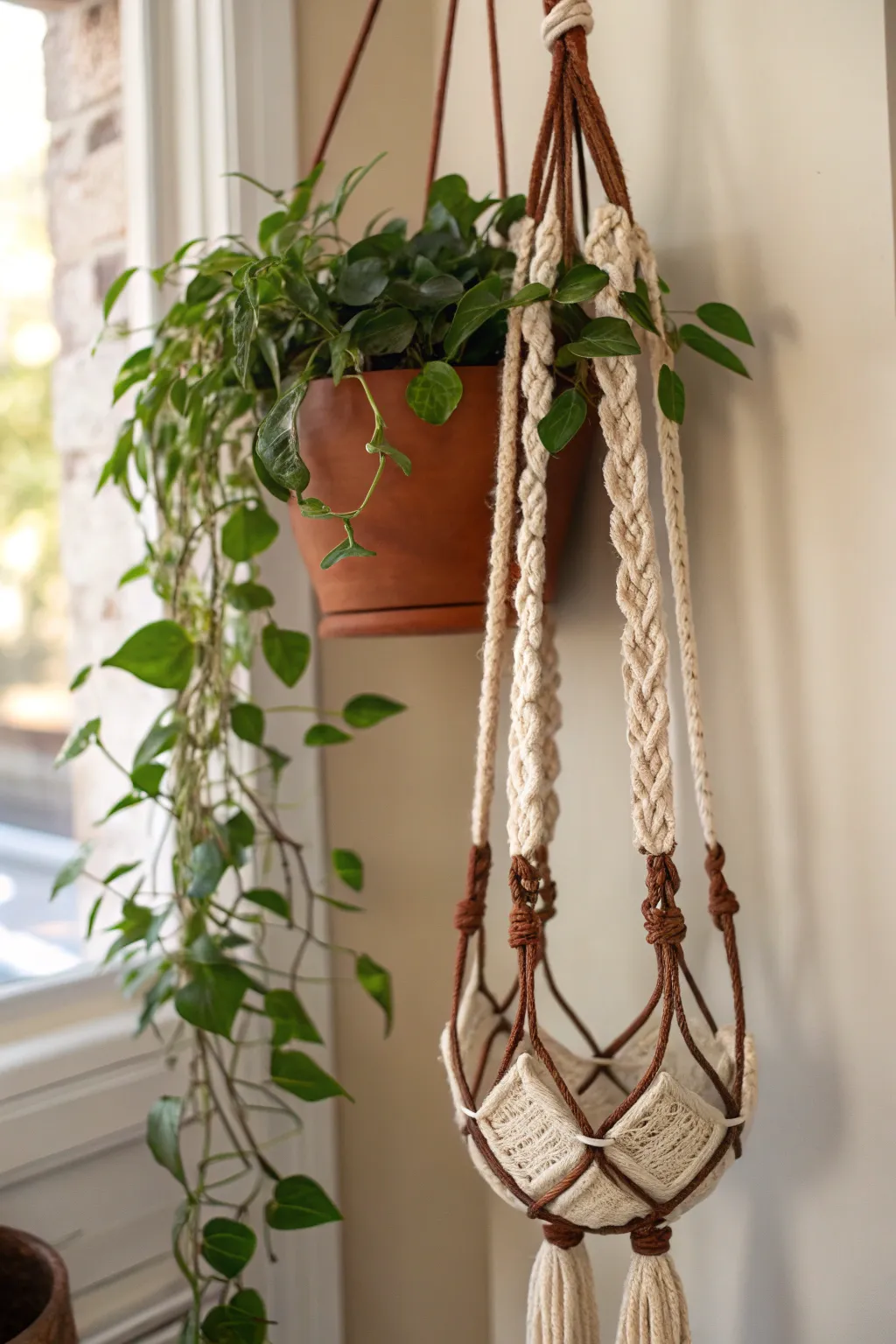 Elevate your space with the perfect blend of leather and cotton in this chic macrame plant hanger.