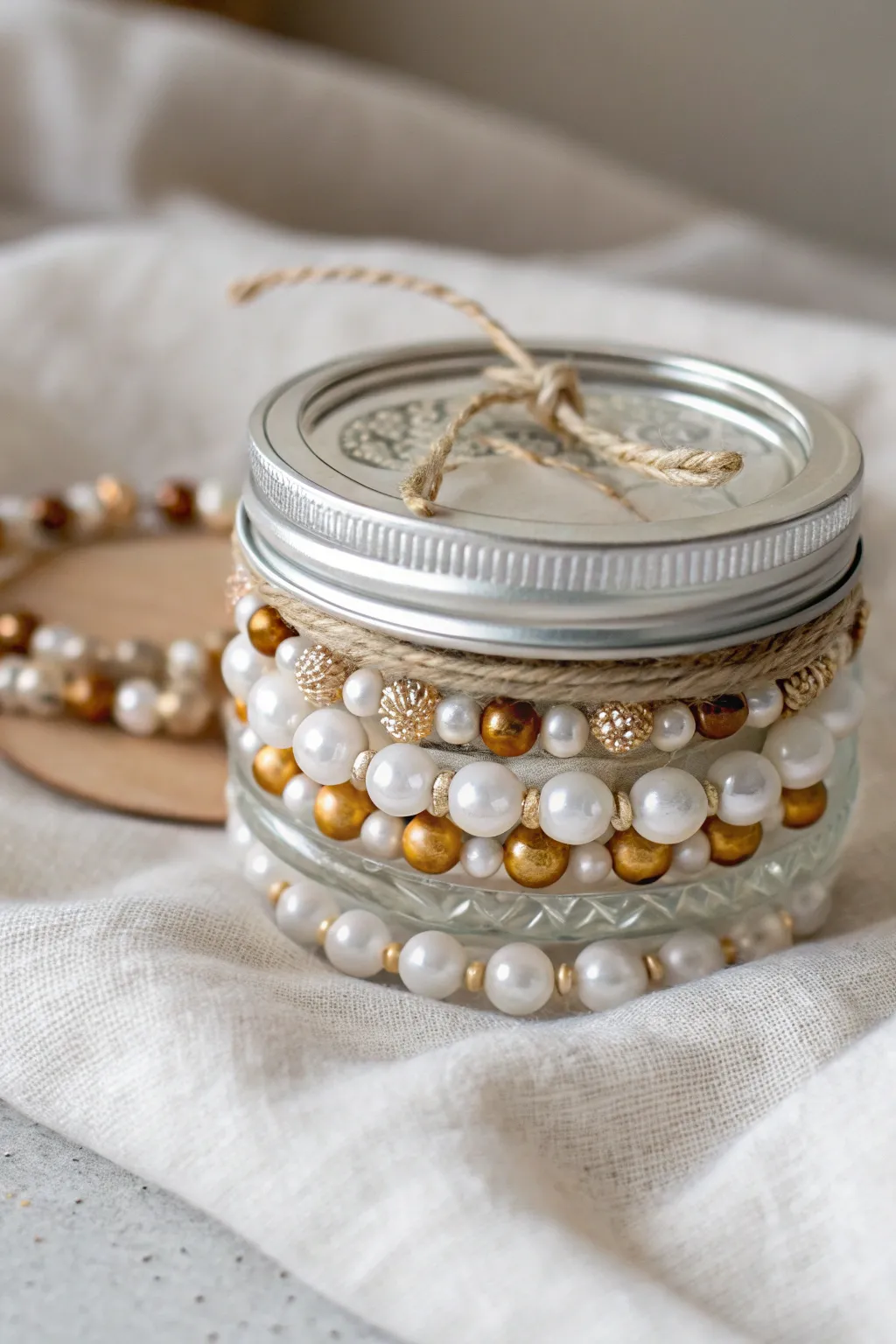 Add a touch of elegance with beaded mason jar lid ornaments, where simplicity meets sparkle.