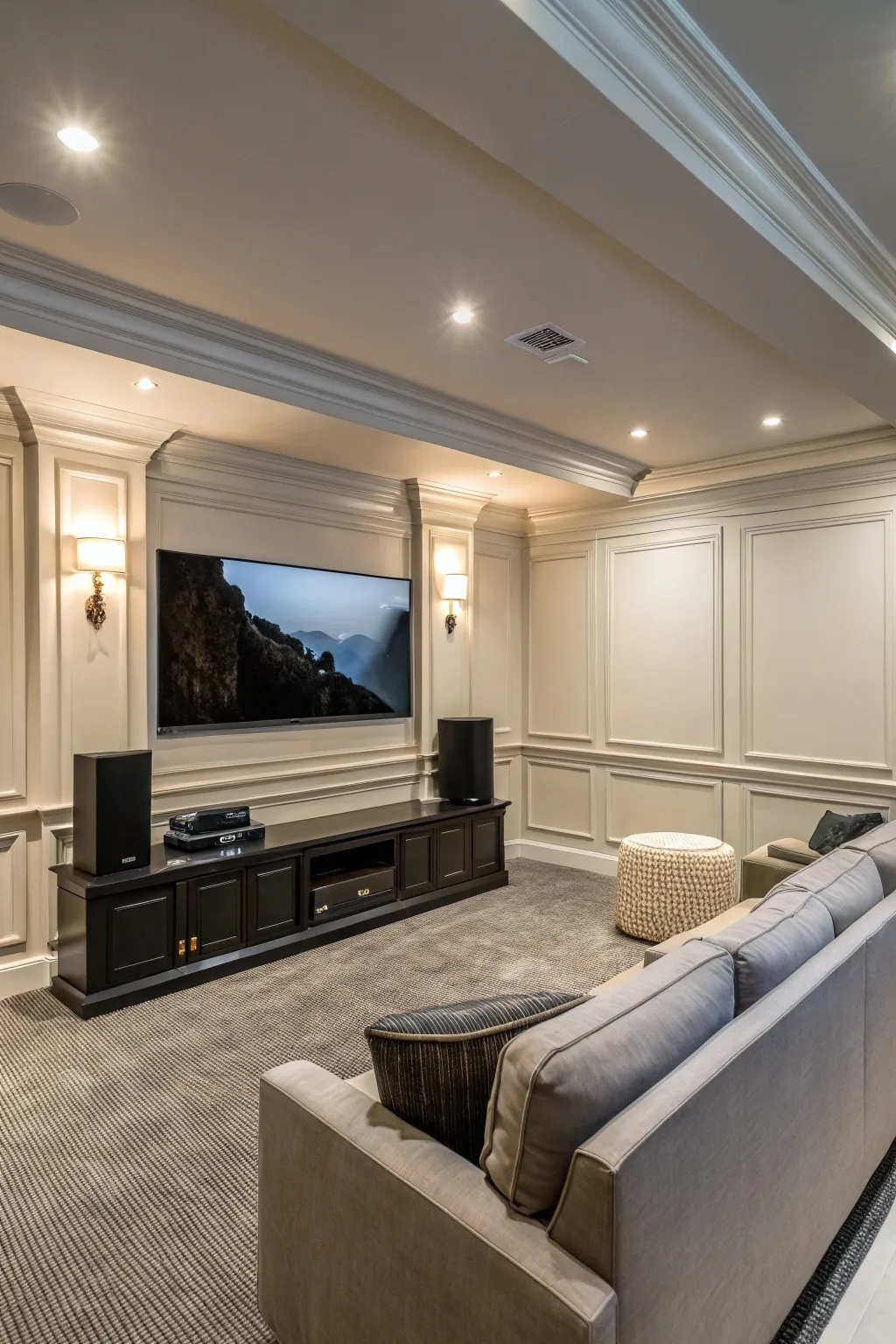 Crown molding cleverly disguising cables in a home theater.
