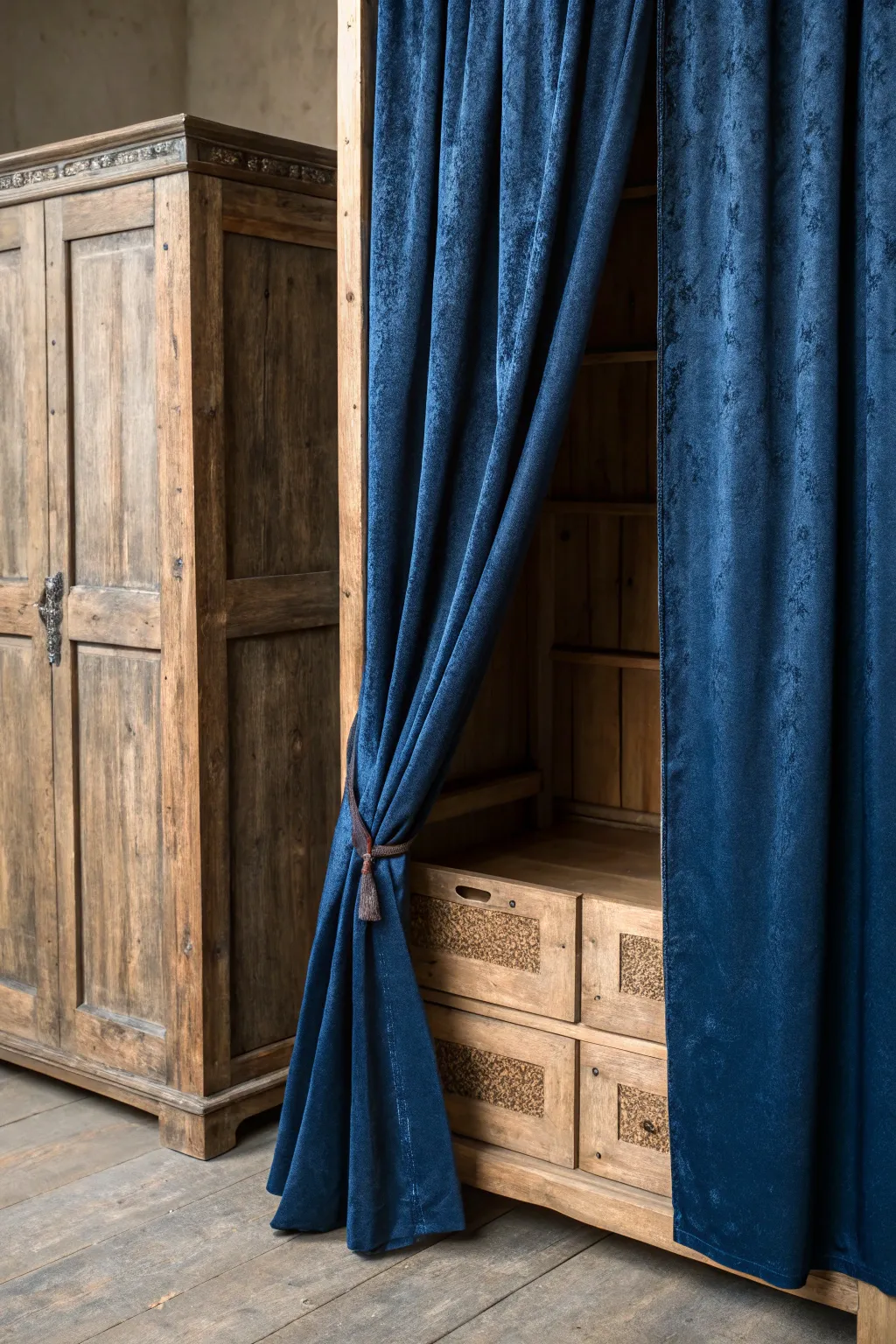 Elevate your storage space with a mysterious peek-a-boo curtain effect.