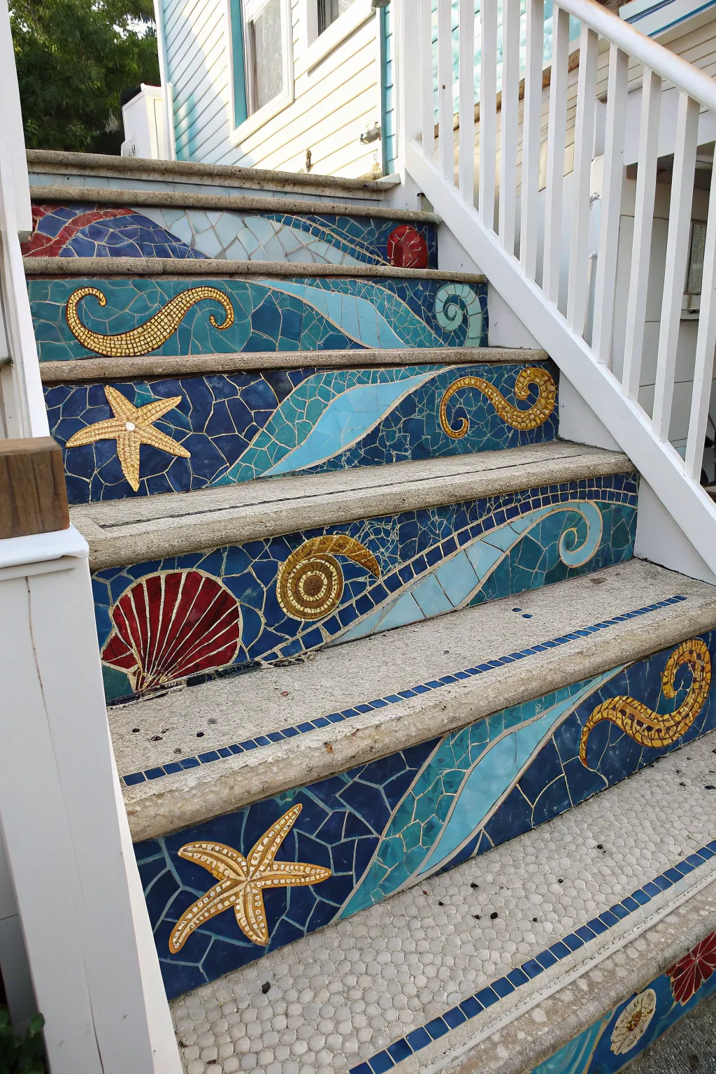 Step into a world of oceanic wonder with these whimsical mosaic stairs!
