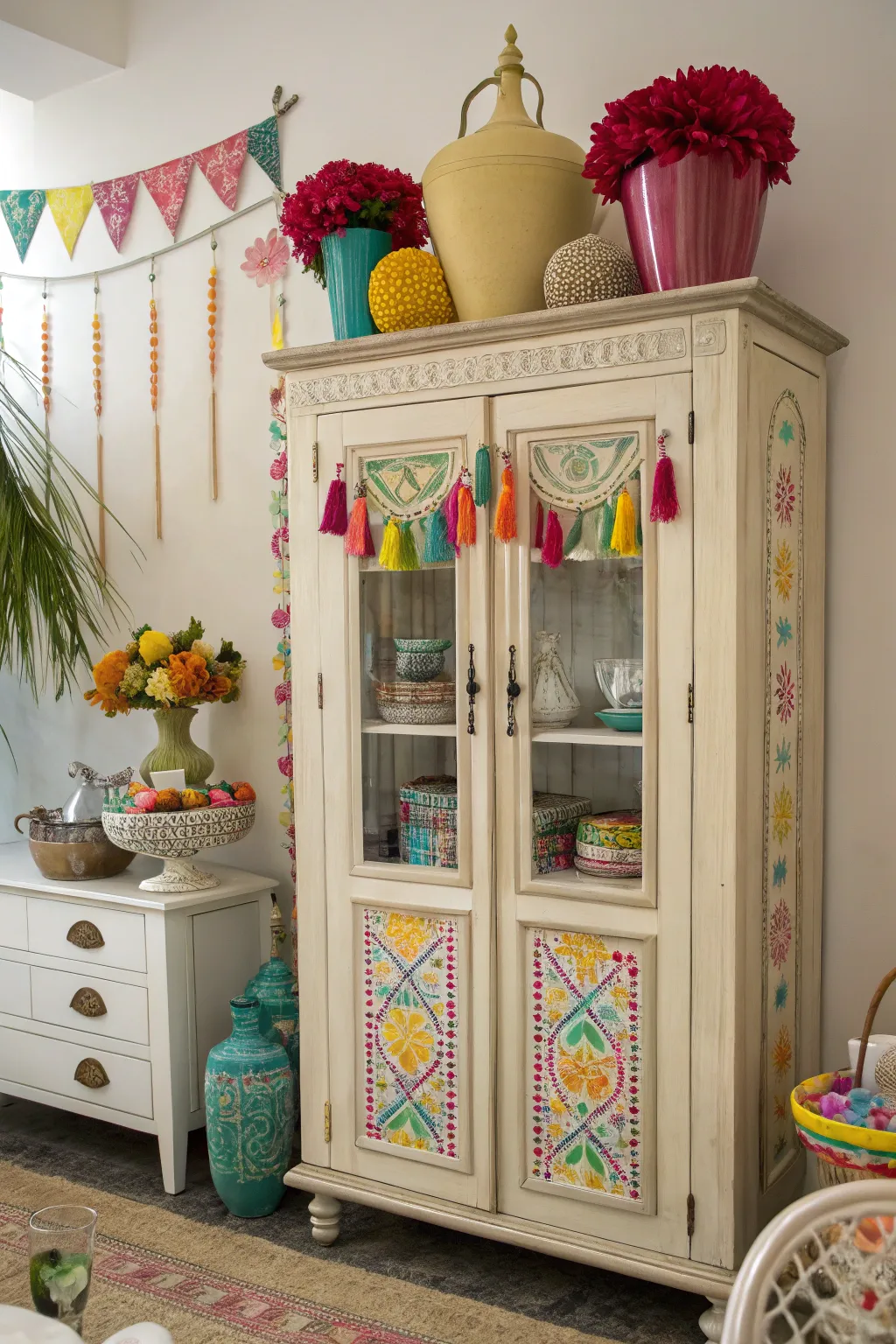 Bright color accents bringing energy to an armoire.