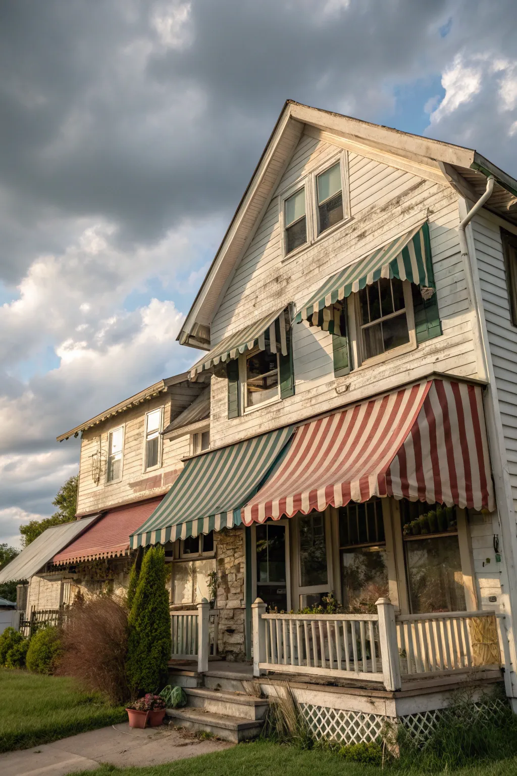 Layered awnings add depth and complexity to this farmhouse's facade.