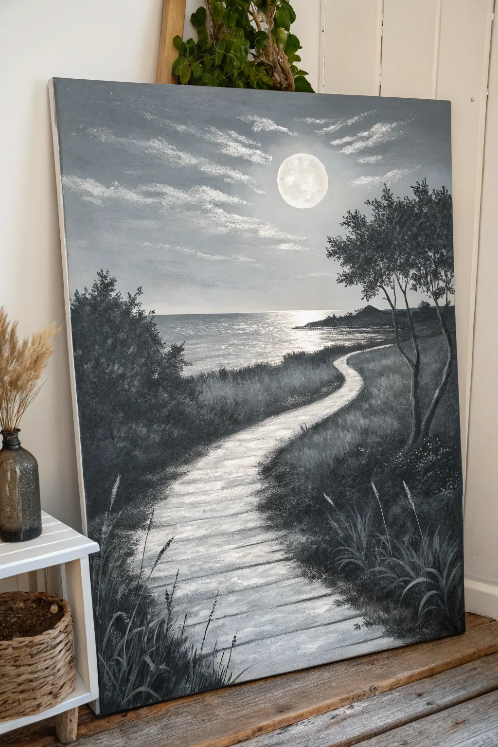 Wander through the serene beauty of a silvery moonlit path, where craftsmanship meets the magic of simplicity.