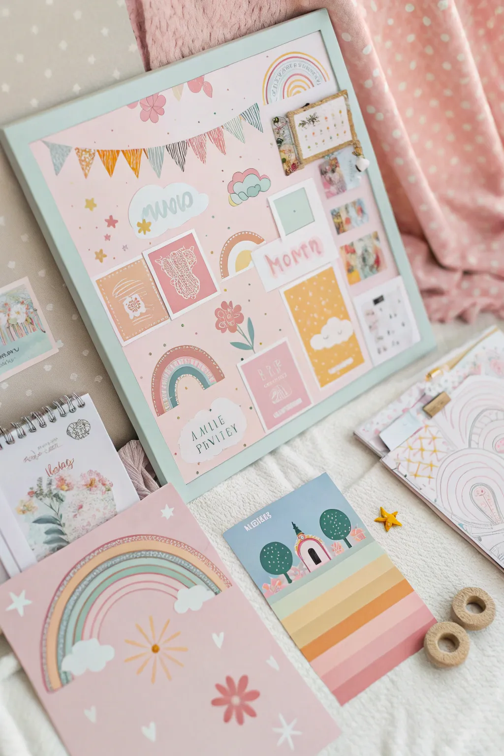 Playful pastel mood board with cheerful and whimsical elements.