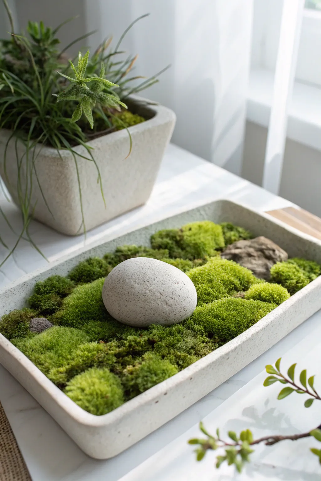 Find serenity in simplicity with this moss and stone zen garden, perfect for bringing a touch of nature into your home.