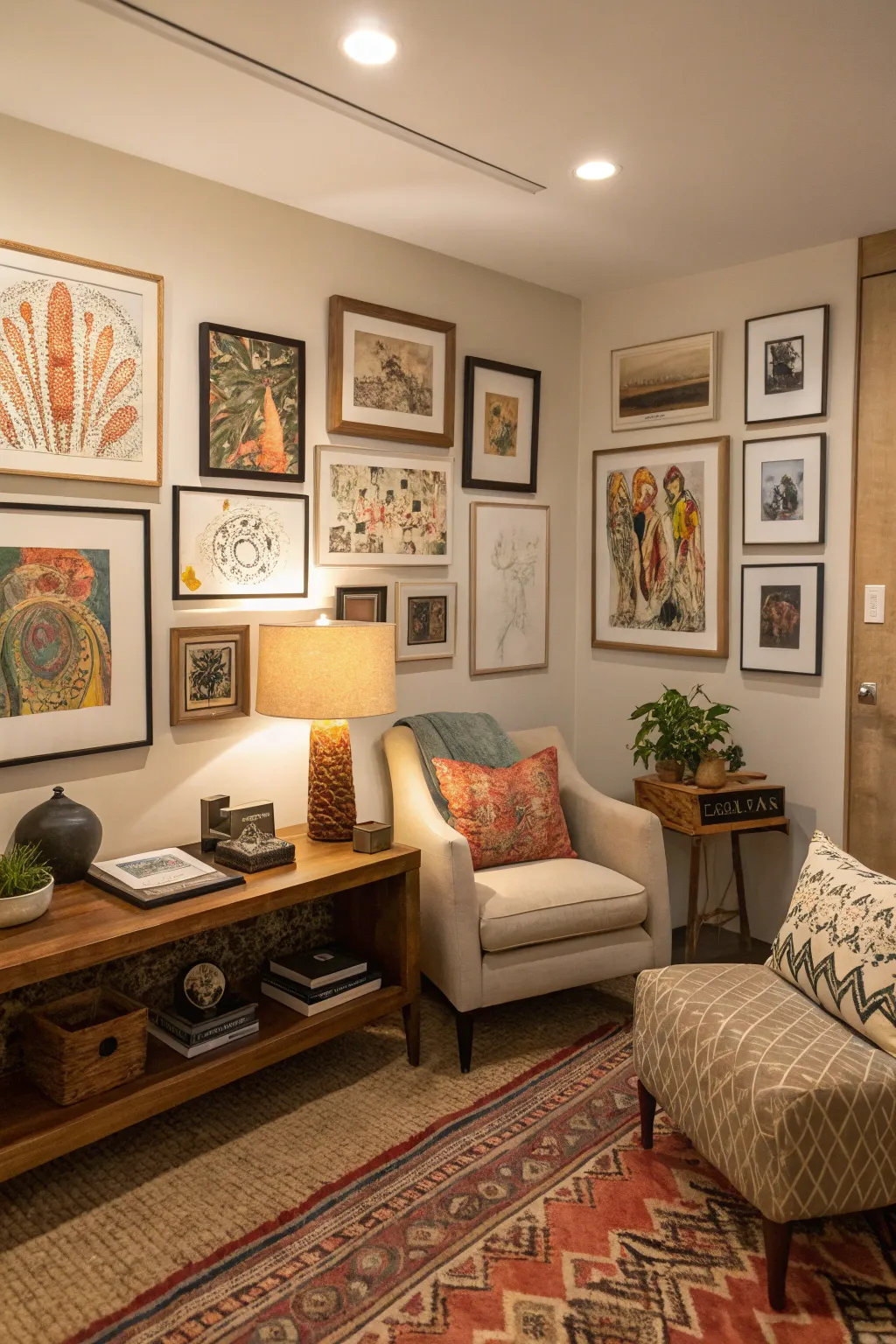 A gallery wall adds visual interest and a personal touch.