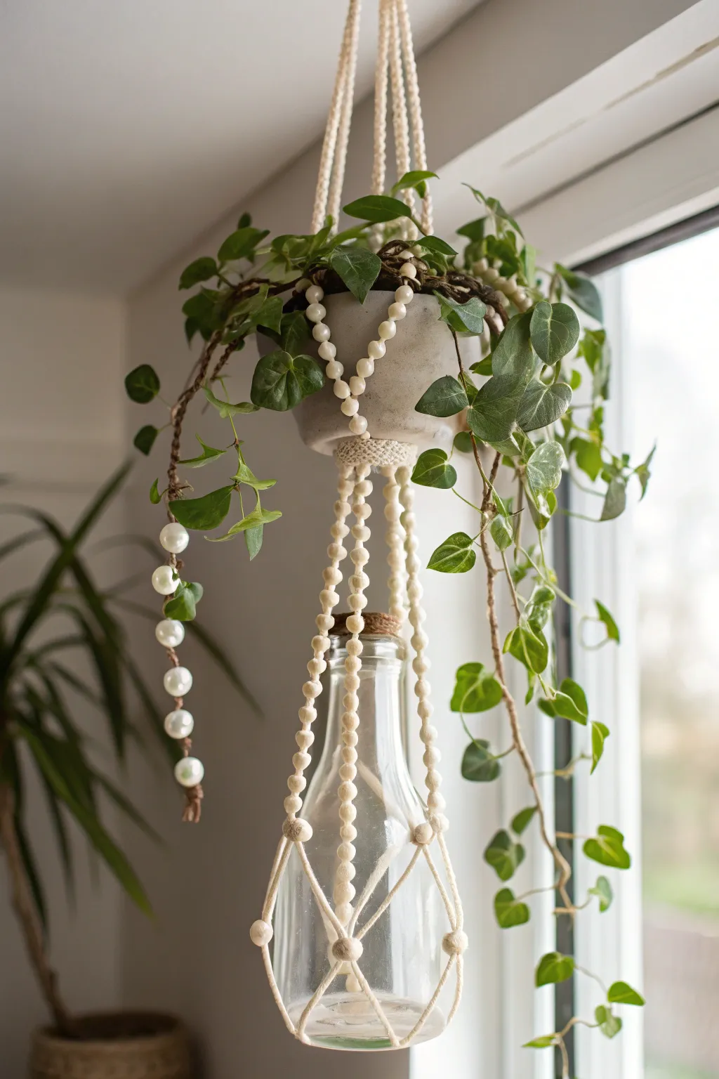 Transform vintage glass into stunning hanging planters for a touch of natural beauty and minimalist charm.