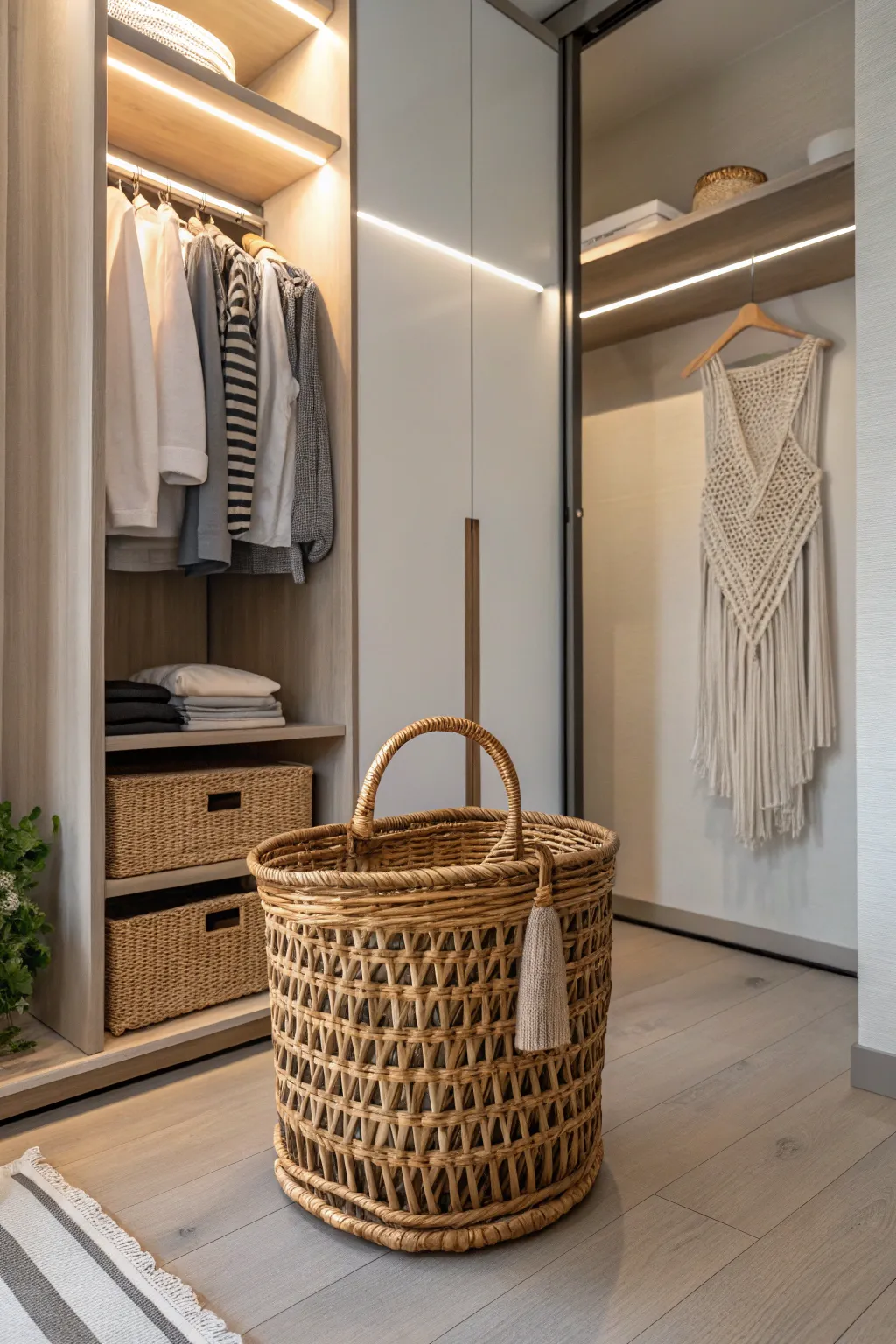 Transform your wardrobe into a haven of organization with charming wicker baskets.