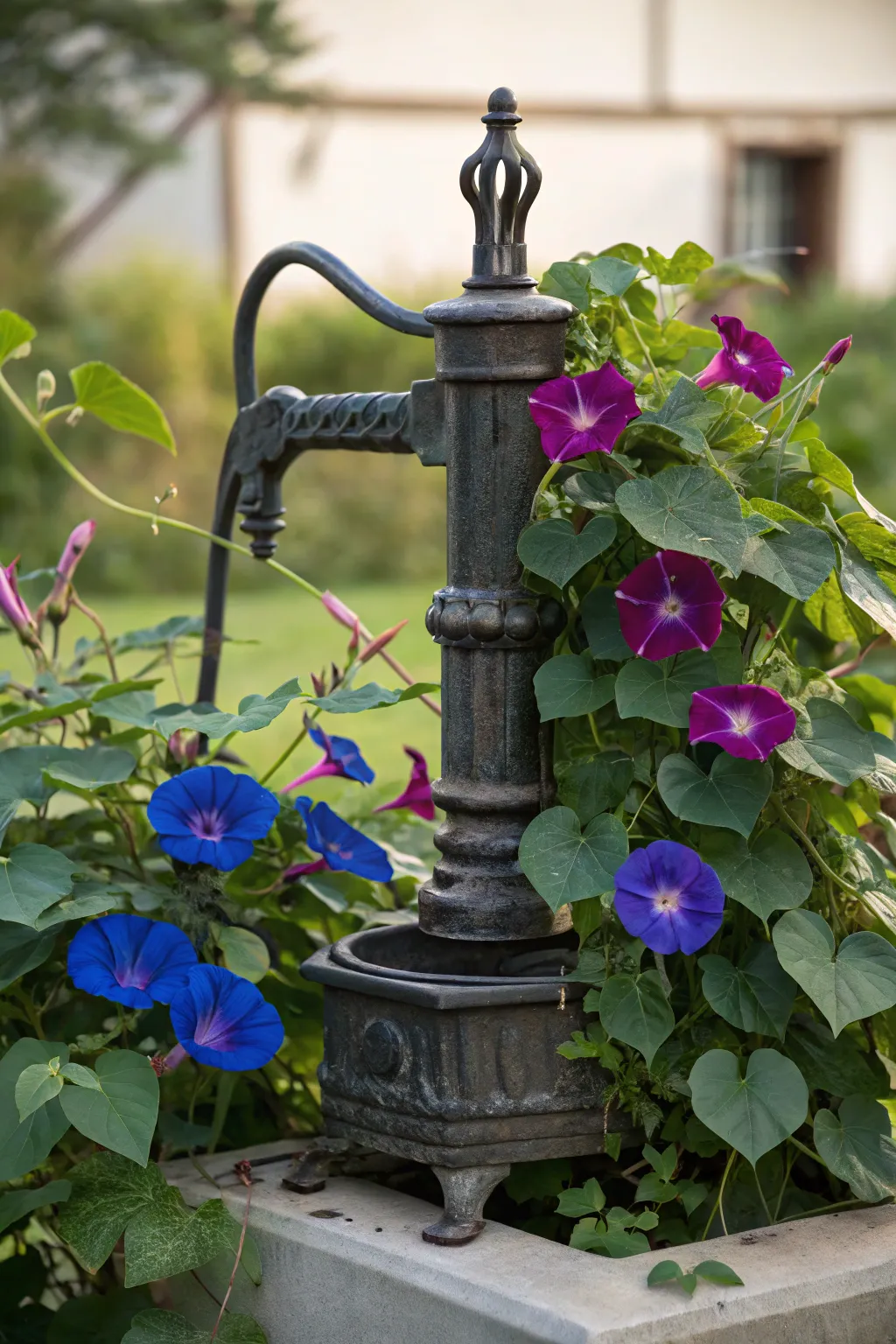 Transform your garden with a touch of vintage charm: an old water pump turned trellis, beautifully adorned with morning glories.