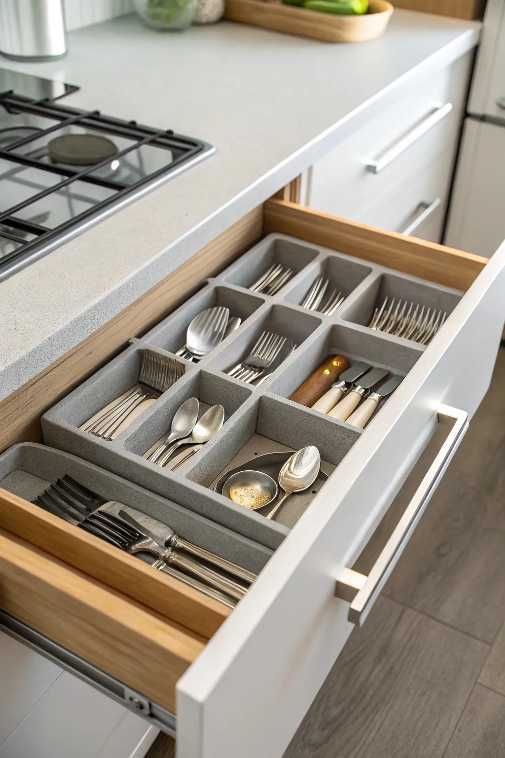 A kitchen drawer beautifully organized with dividers