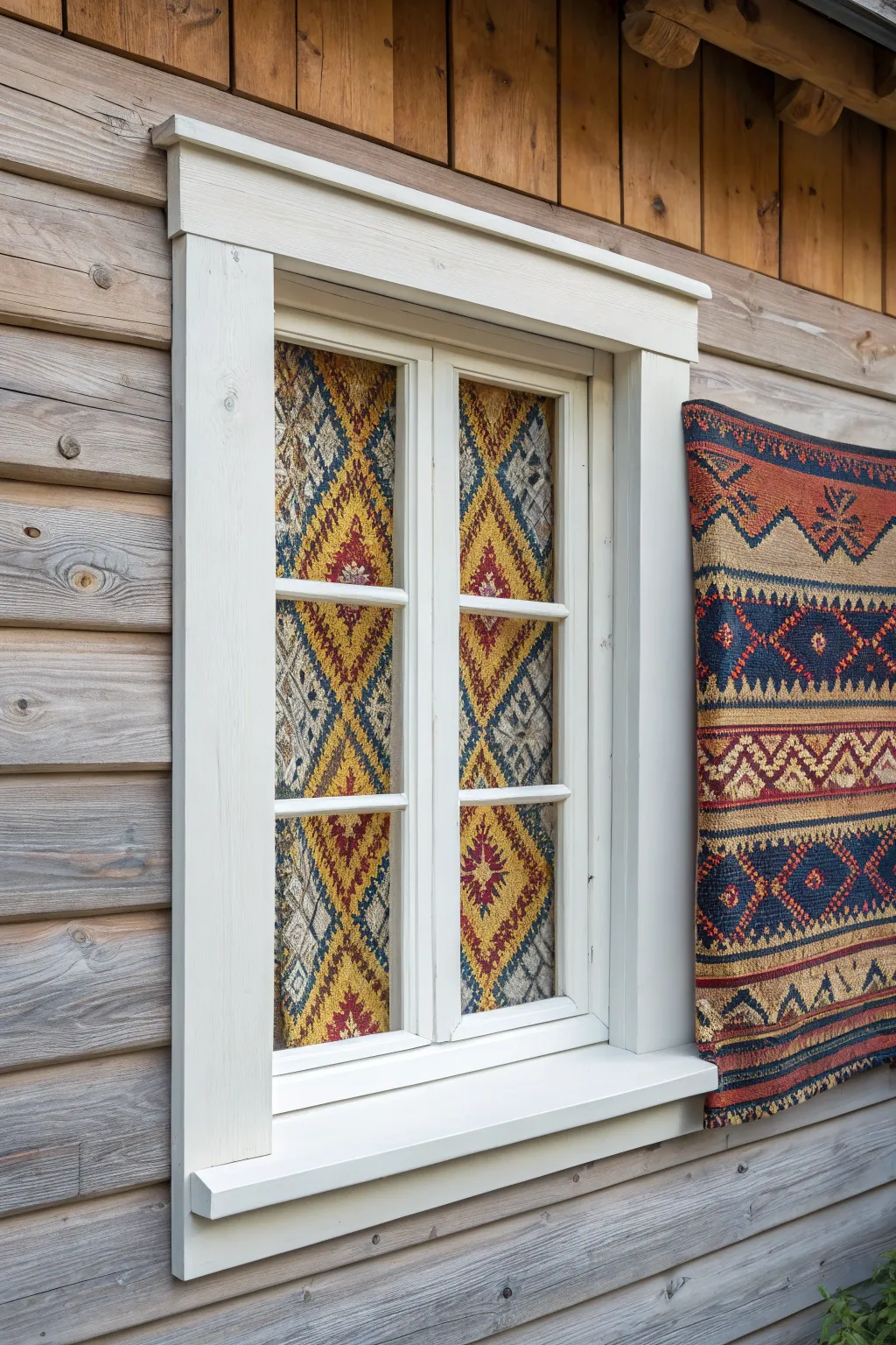 Add a splash of color to your outdoor space with a chic faux window featuring patterned fabric panels. Perfect for a minimalist-boho vibe!