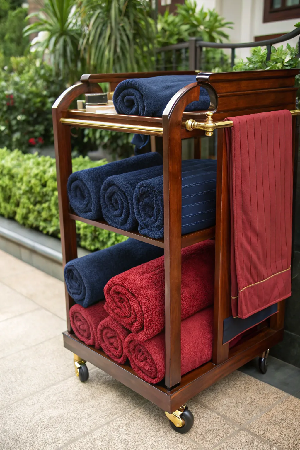 Elevate your outdoor space with a touch of elegance and functionality. Discover the perfect blend of style and mobility with this exquisite portable towel cart.